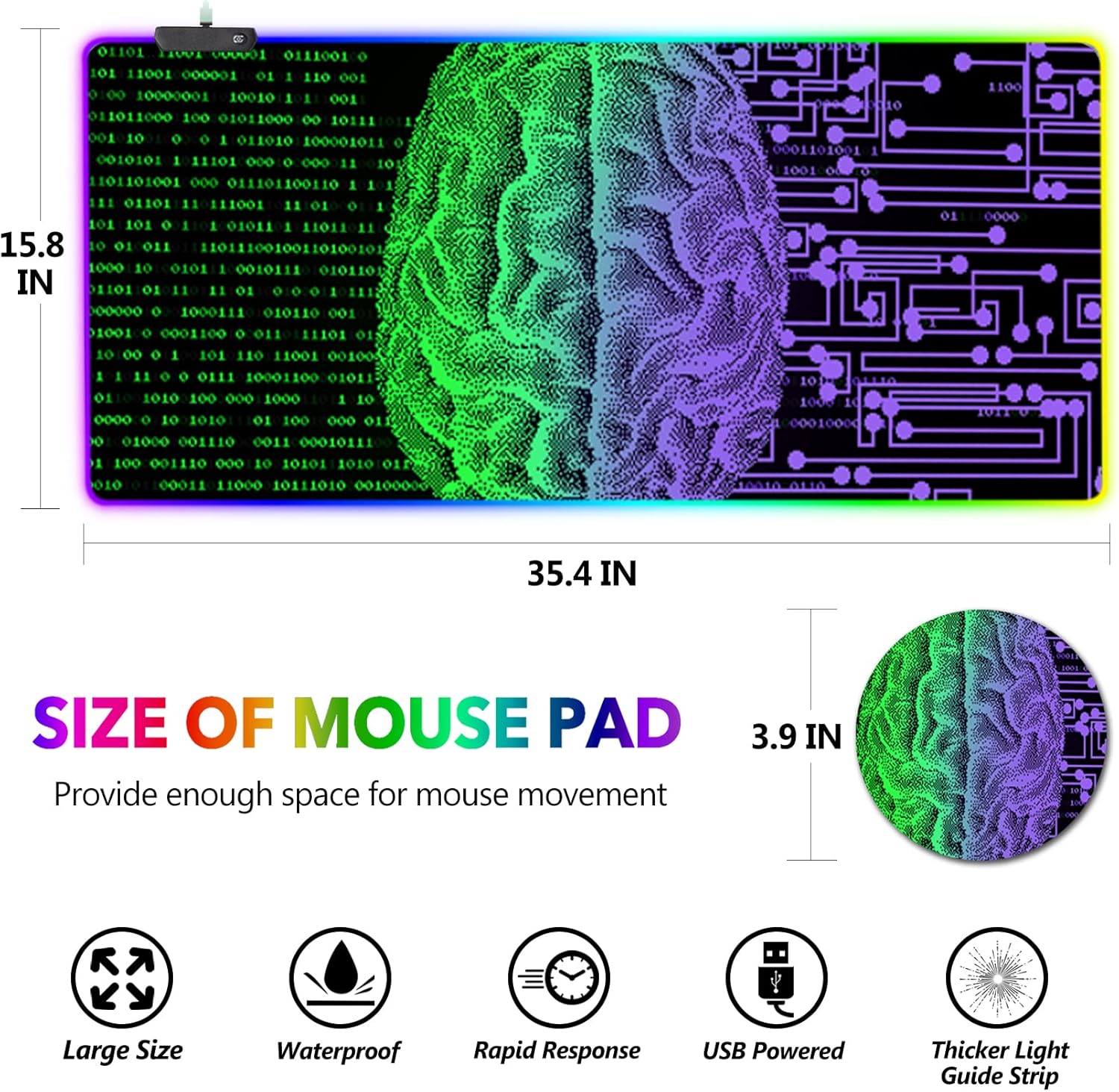 AIMSA Large Gaming Mouse Pad RGB, Keyboard Led Mousepad Extended 35.4 x 15.8 inch Non-Slip Rubber Base with 14 Lighting Modes, Big Desk Mat Waterproof, Technology Brain