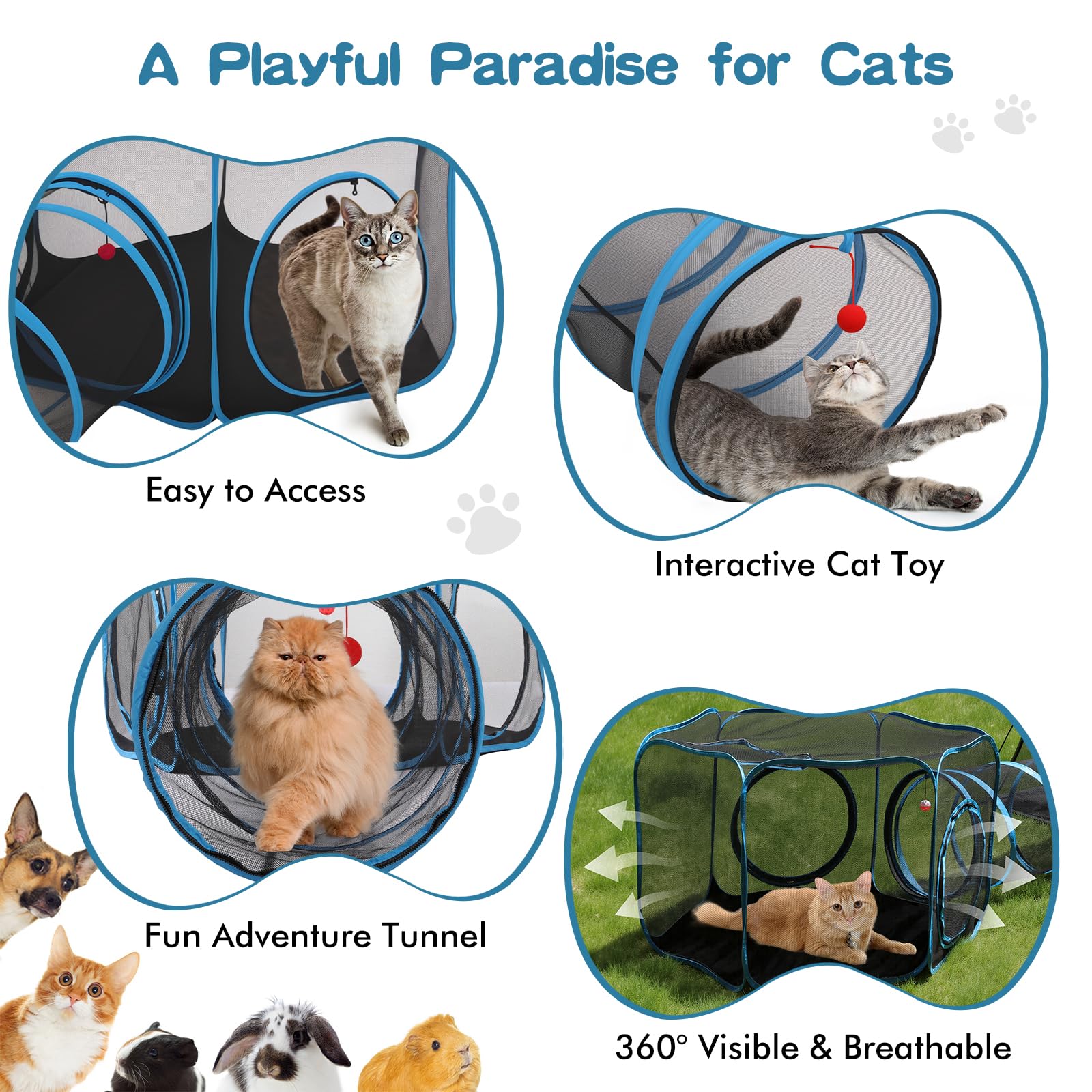 Outdoor-Katzengehege, 4-in-1-Katzenzelt Outdoor Pet Playpen mit Tunnel, tragbare Catio Play Pen für draußen und drinnen Katzengehege mit Aufbewahrungstasche für Kitty und kleine Tiere