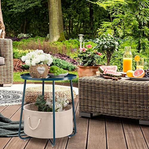 Miniatura 8 de danpinera Mesa auxiliar redonda pequeña, mesa auxiliar de metal con cesta de almacenamiento de tela para guardería, sala de estar, dormitorio, baño,