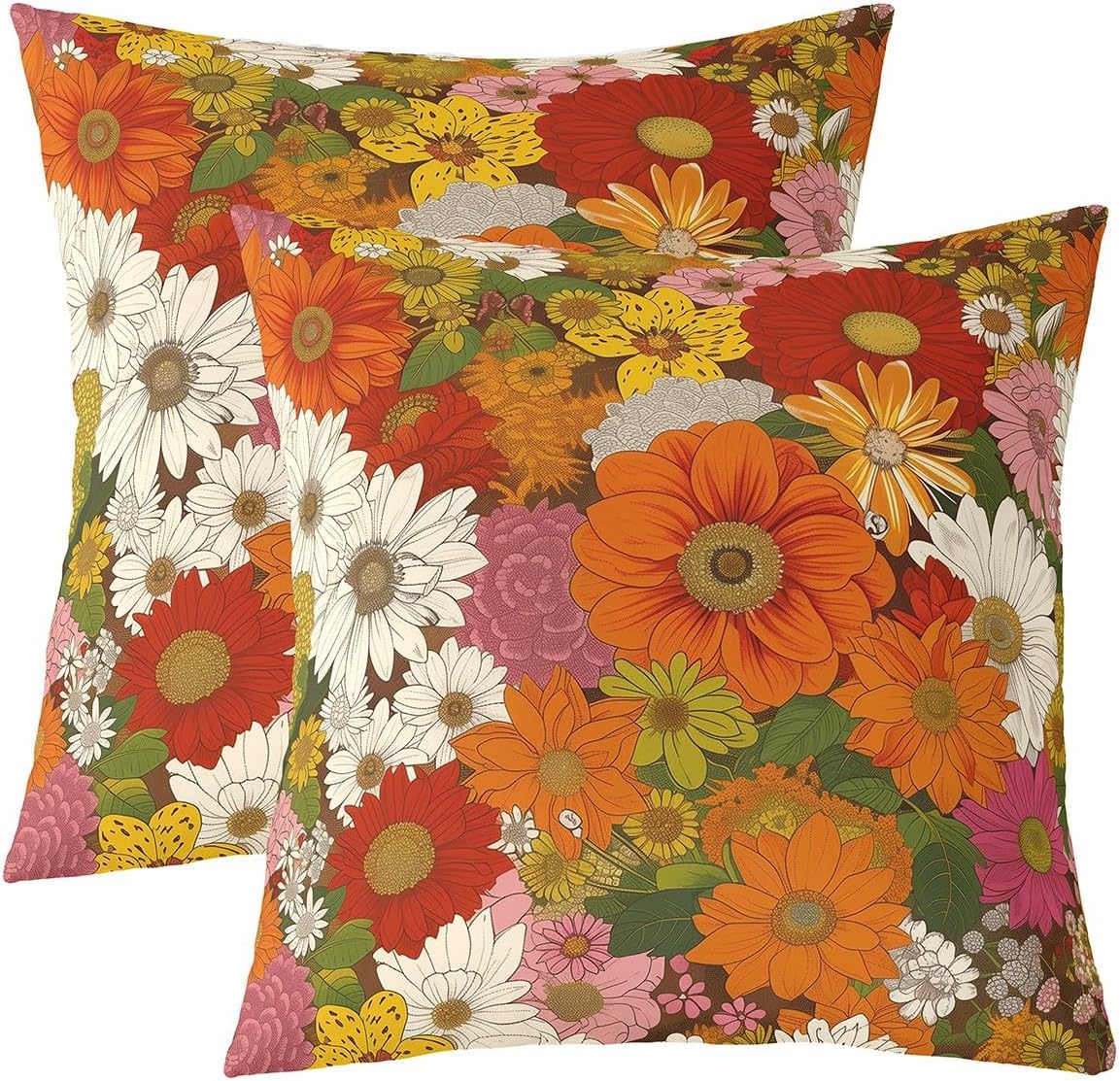 Colorful Flowers Pillow Covers 24x24 Inch Set of 2 70s Groovy Daisy Vintage Floral Butterfly Pillow Cases for Girls Teens Adults Rustic Garden Hippie Style Cushion Covers for Room Decor Bed