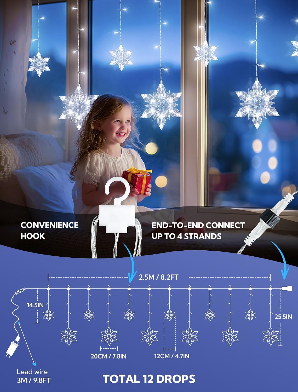 Christmas Snowflake Icicle Lights,8.2 FT 144 LED Snowflake Lights Outdoor with Timer,8 Modes Waterproof Connectable Christmas Light Plug in for Curtain Eave Window Indoor Outdoor Decor(White)