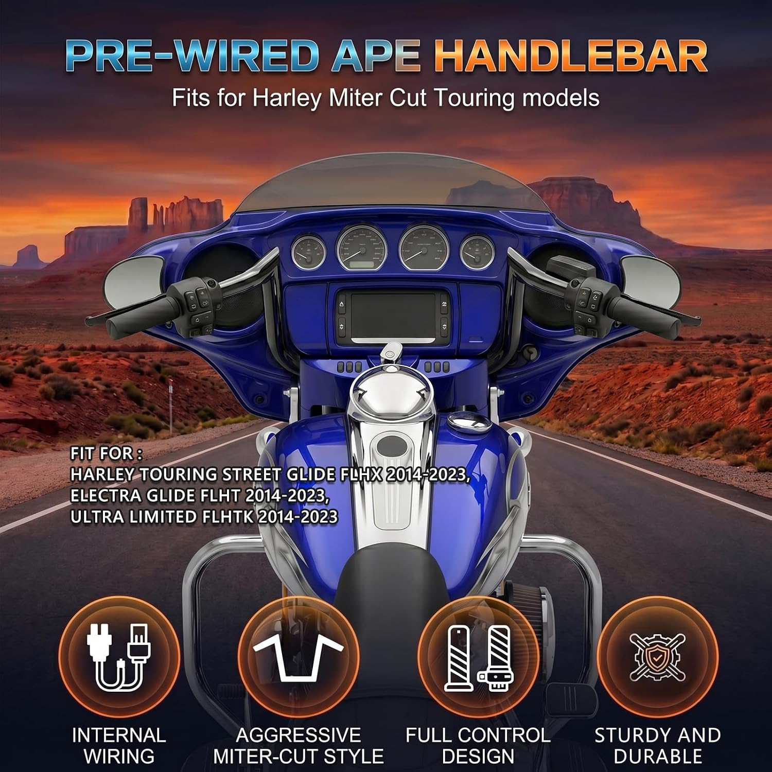 Pre-Wired 1 1/4" Fat 10" Rise Ape Hangers Handlebars Fit for Harley Touring Miter Cut Street Glide/Electra Glide/Ultra Limited 2014-2023, 1" Clamp Meathook Monkey Bar (Black)
