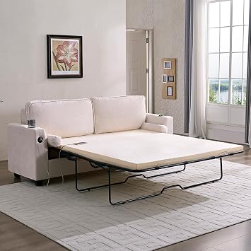 82" 2 in 1 Pull Out Sofa Bed,Queen Size Ice Velvet Pull Out Couch with Memory Foam Mattress,USB Charging Ports and Cup Holders for Small Space/BedroomBeige