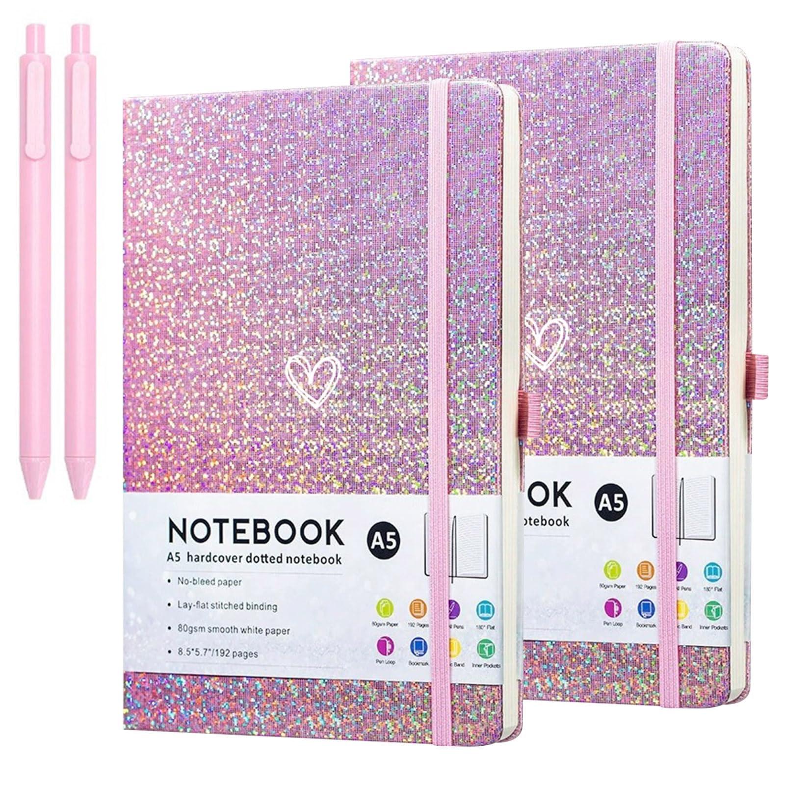 SIMDAO 2 Pack Glitter A5 Pink Notebook, PU Leather Hardcover, 2 Notepad with Elastic Band & 2 Pen, Valentine's Day Gifts for Girls Women, Girls Diary, Heart Shaped Lined Journal for School Work Note