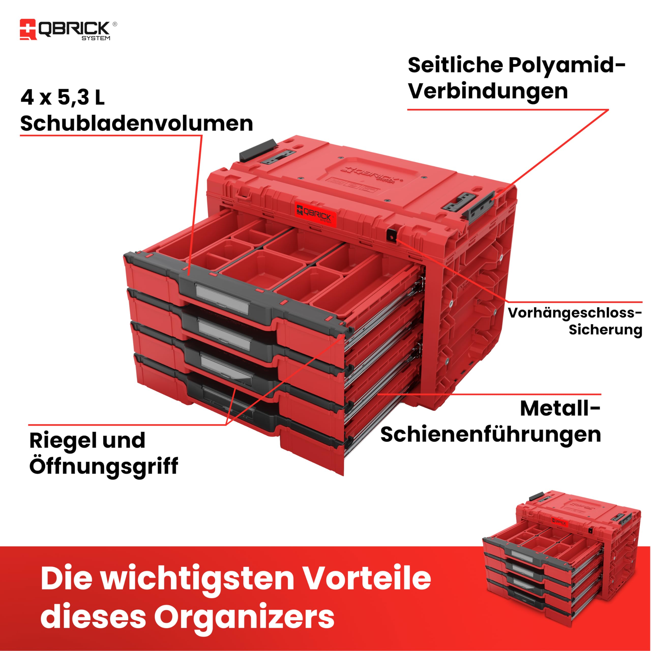 Qbrick System Pusta skrzynka narzędziowa - 4 przegródki - walizka narzędziowa - 542 x 335 x 369 mm czerwona