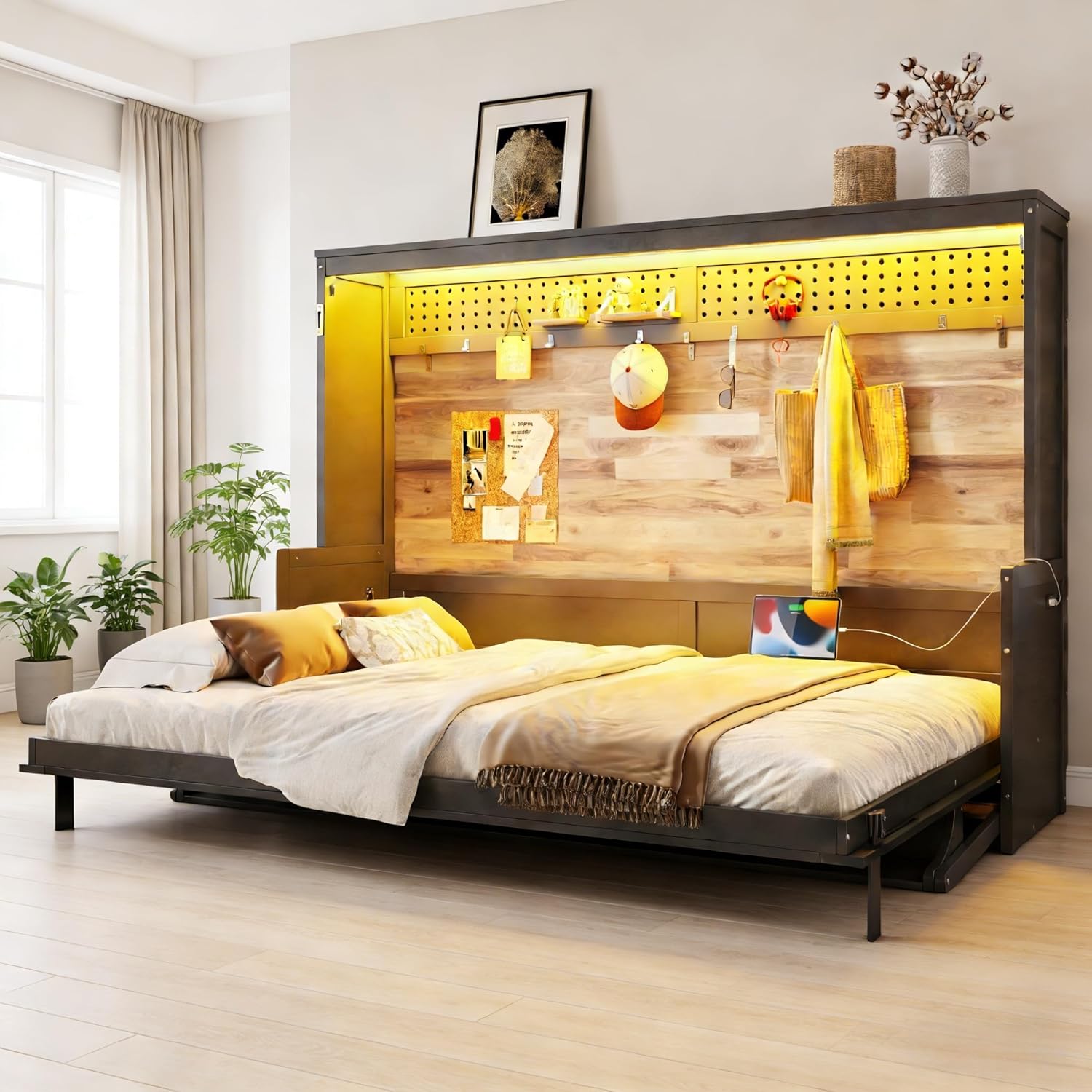 SOFTSEA Horizontal Murphy Bed Queen Size with Desk, Farmhouse Murphy Bed Cbinet with LED Lights & Charging Stations, Wood Hideaway Wall Bed Frame for Bedroom, Guest Room, Grey