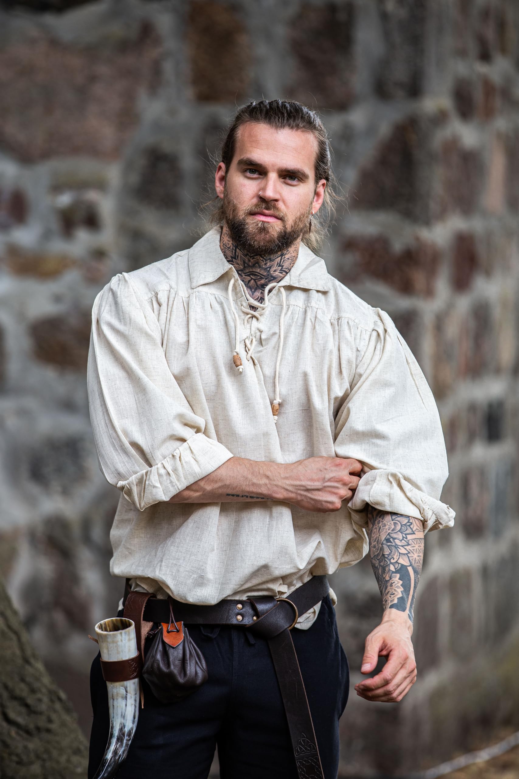 Leonardo Carbone® Koszula piracka Artur z kołnierzem - średniowieczna odzież, średniowieczna koszula męska, odzież LARP, strój festiwalowy, męski kostium pirata, koszule rekreacyjne z długim rękawem