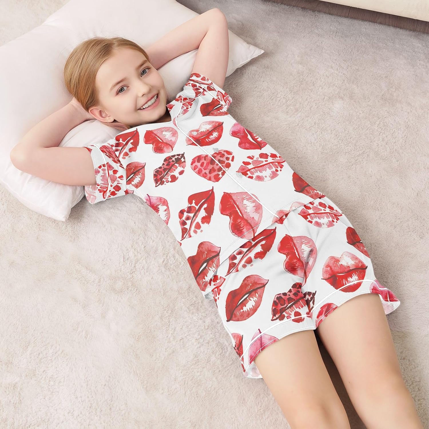 Kids Casual Satin Wear Set Leopard Design Lip Watercolor Textured Red Color Unisex Short Sleeve Clothing for Relaxing