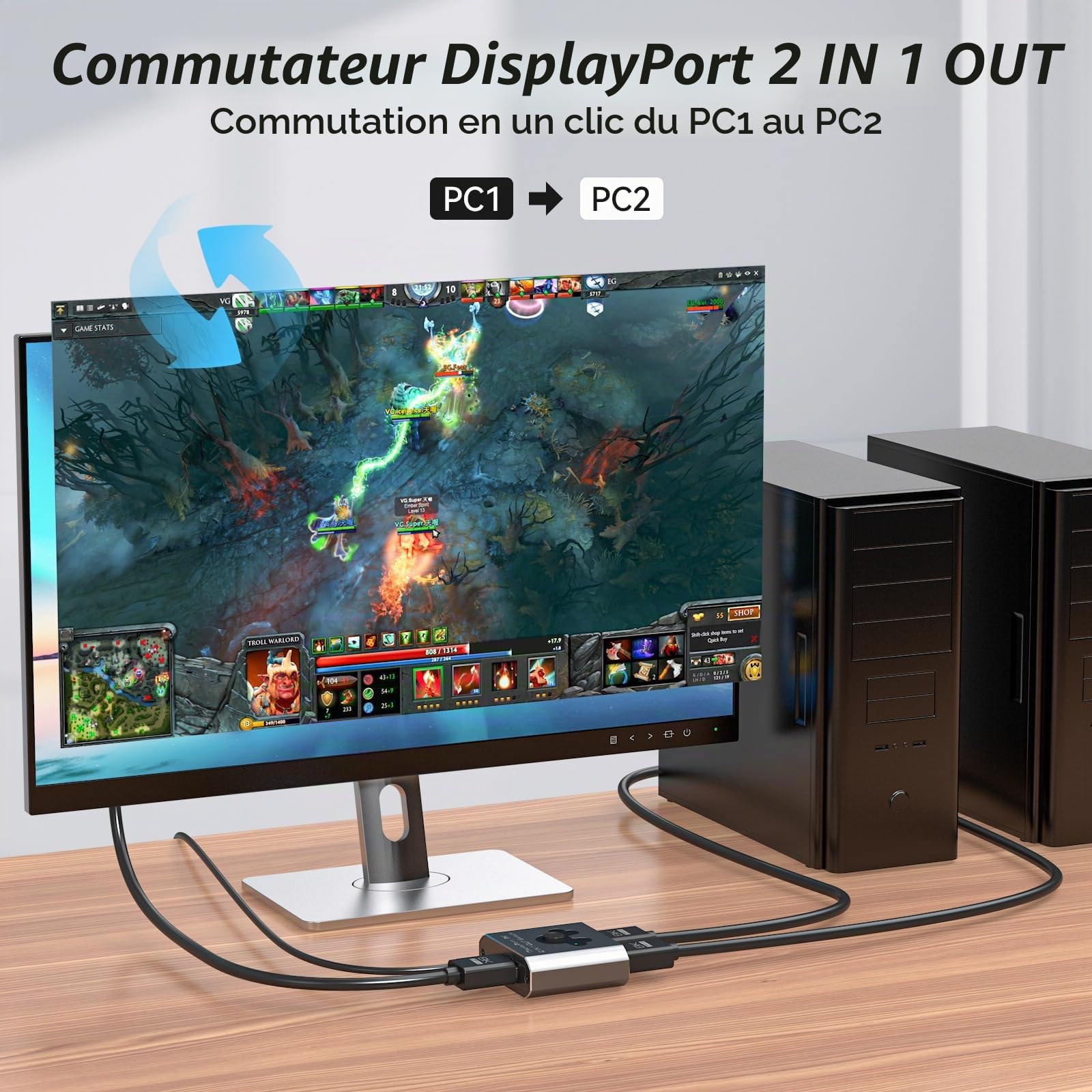 Switch Displayport 2 Entrées 1 Sortie 4K144Hz 8K60Hz Commutateur DP 2 In 1 Out Switch DP 1.4 Compatible TV, Moniteurs, Ordinateurs Portables, Projecteurs, Etc