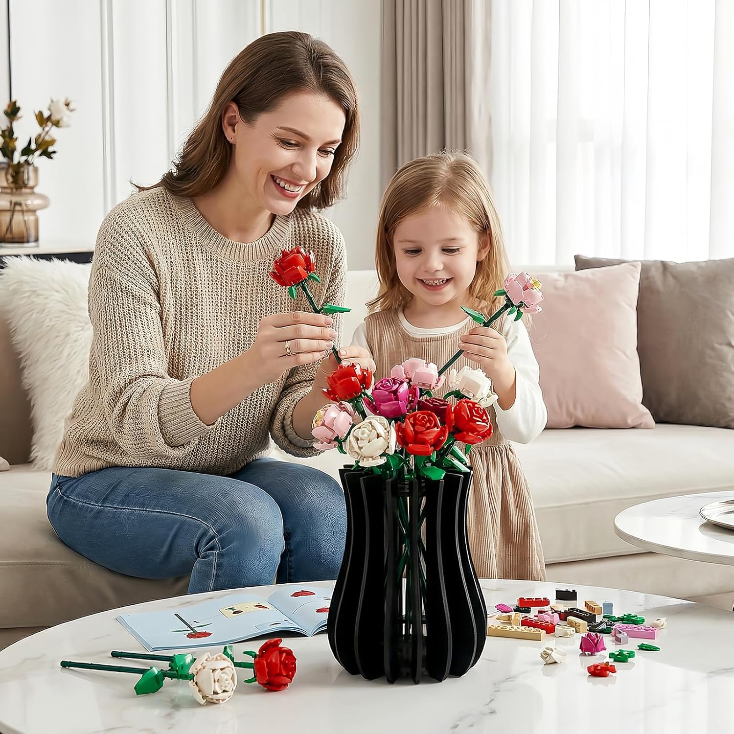 Wooden Vase for Lego Flowers, Puzzle Lego Vase for Rose Flower Bouquet Building Set, Black Display Stand for Lego Botanicals Flower Lovers, DIY Gift for Mom and Kids Friends