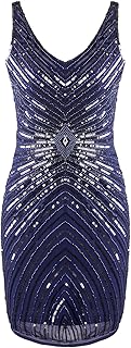 Vijiv Women's 1920s V-Neck Art Deco Sequin Beaded Tank Cocktail Flapper Dress