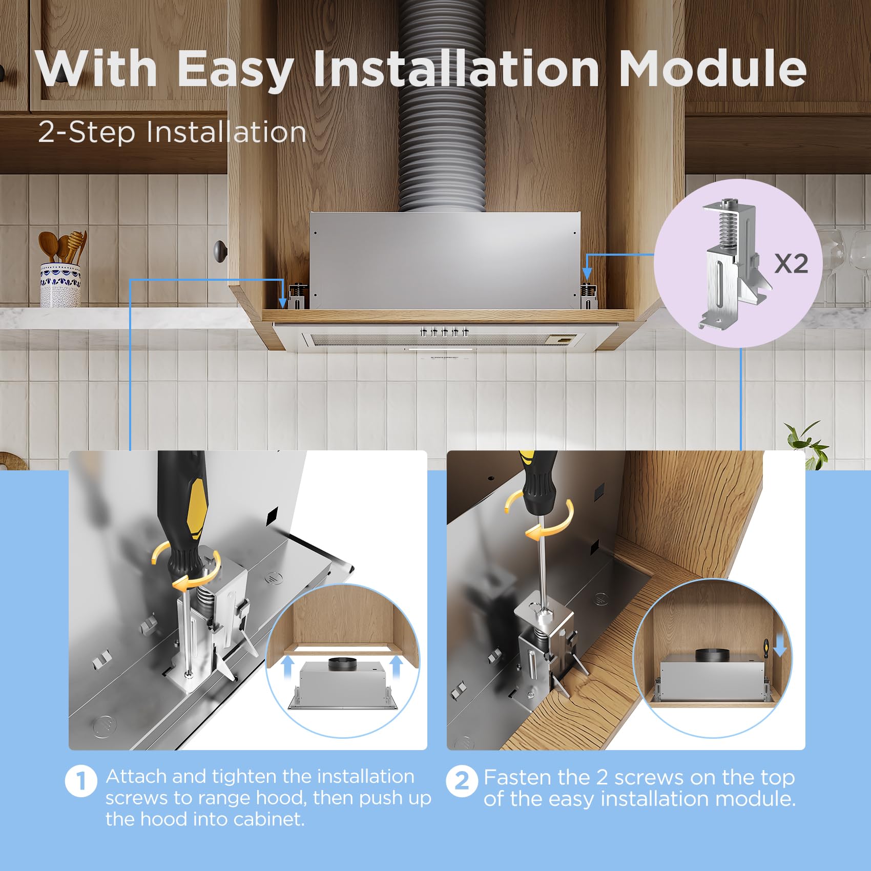 COMFEE' Integrated Cooker Hood CHL17EM21I, 52cm Stainless Steel Built-in Extractor Fan Kitchen, 400m³/h Powerful Extraction, 3 Speed Settings, LED Lighting, Easy Clean Filters — view 3