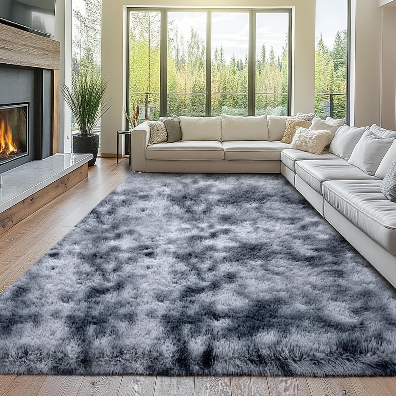 Photo 1 of Fluffy 8x10 Area Rug Living Room: Shag Grey Area Rugs for Bedroom- Large Plush Soft Dark Gray Rugs for Living Room- Fuzzy Modern Carpets for Bedroom, Kids Room Decor (Tie-Dyed Dark Grey, 8x10Feet)