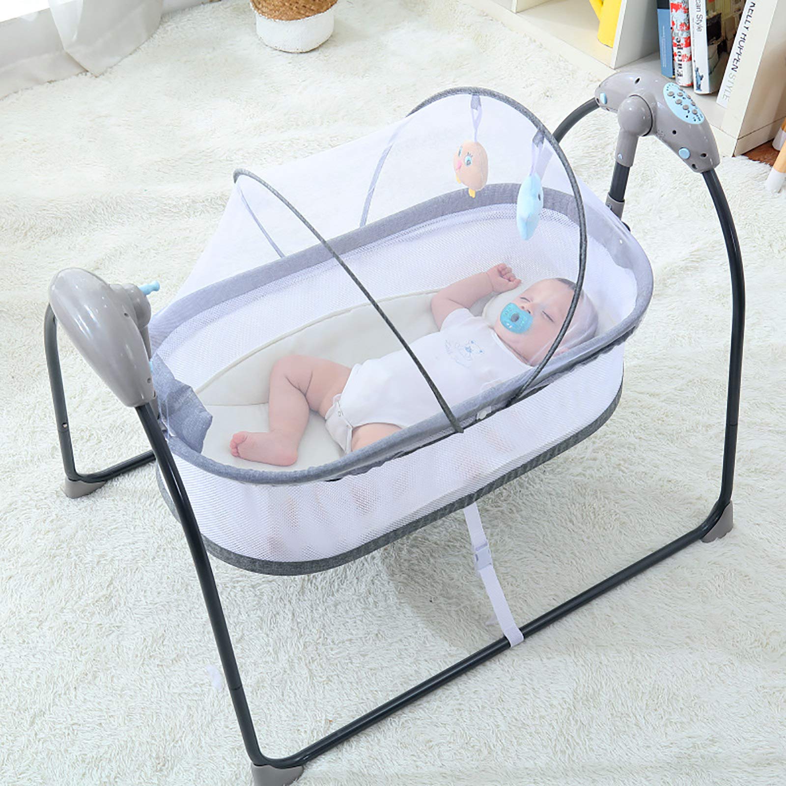 2020 Baby Bouncer, Smart Bluetooth Electric Cradle Crib with Remote Control, Comfortable, Soft And Breathable, Automatic Swing, Timing function, Portable Fold, for 0-12 months Babies,Grey-B