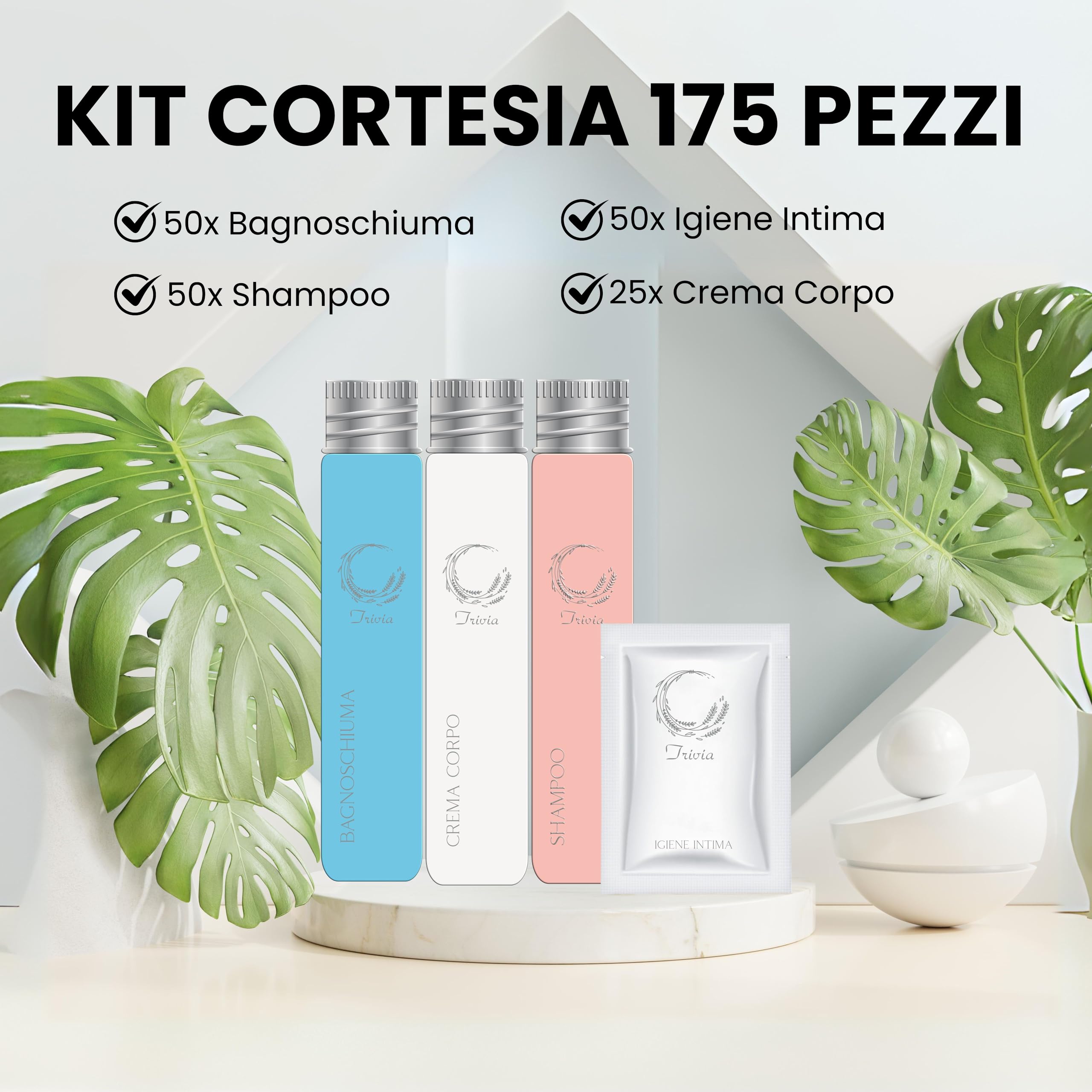 Kit Cortesia B&B Hotel Bagno Monouso 175 pezzi: 50x Shampoo Flacone 30ml 50x Igiene Intima Bustina 10ml 50x Bagnoschiuma Flacone 30ml 25x Crema Corpo Flacone 30ml per Set Cortesia Bagno B&B Albergo