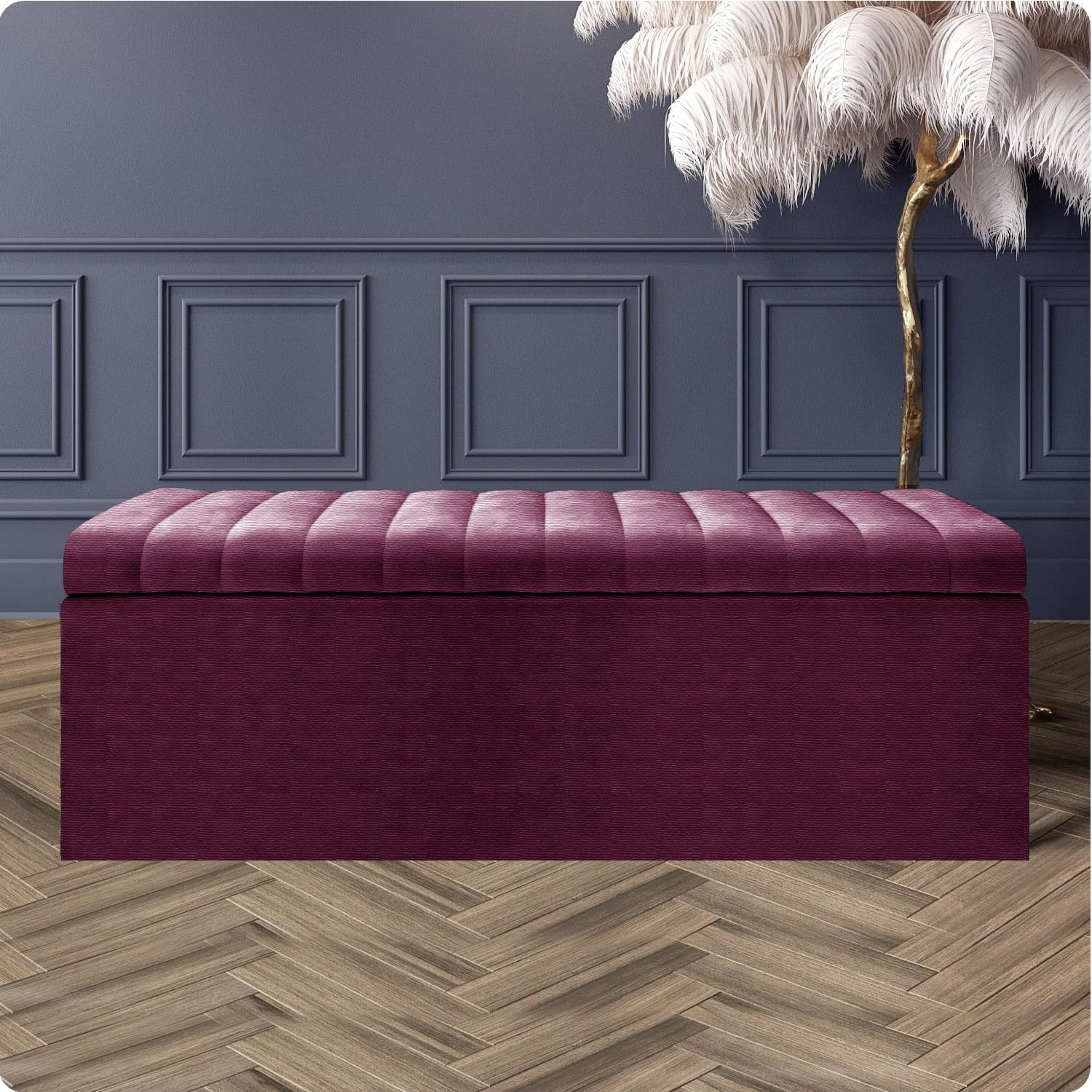 Naples Velvet Ottoman Storage Box, Upholstered Blanket Box with Hinged Lid, Bedroom Storage Ottoman, End of Bed Storage Bench, Padded Ottoman Storage Seat for Living Room & Hallway