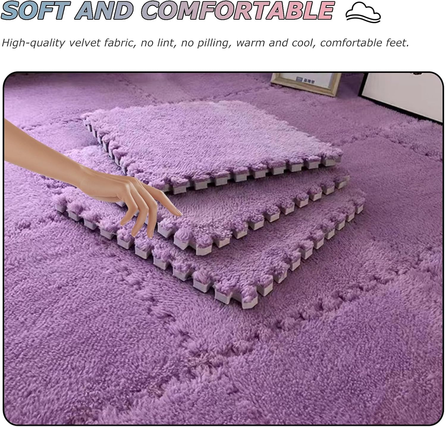 Pluszowa mata do raczkowania, Pluszowy piankowy dywanik podłogowy z puzzlami Miękki antypoślizgowy wielokolorowy 12 sztuk(Purple)