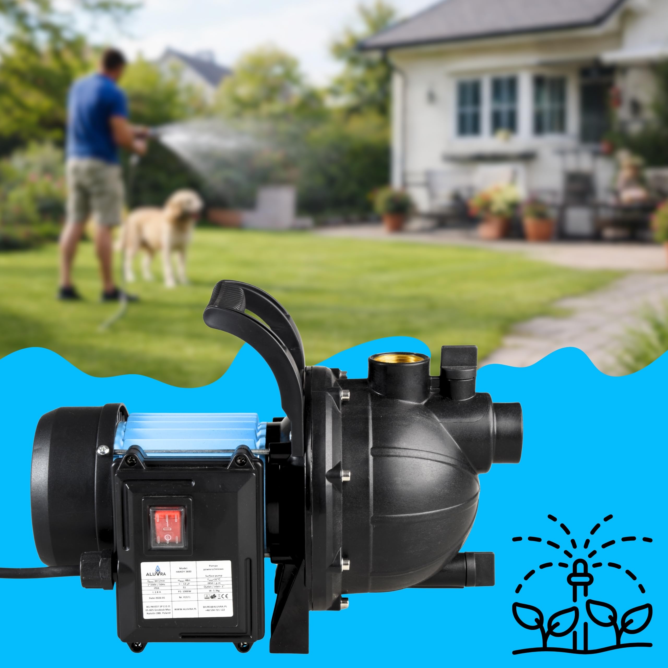 Gartenpumpe HANDY 3600 (1000 W, 3600 l/h, 48 m Förderhöhe) - selbstansaugende Wasserpumpe mit Tragegriff - Wassereinfüllschraube, Wasserablassschraube - Hauswasserwerk, Teichpumpe, Gartenbewässerung