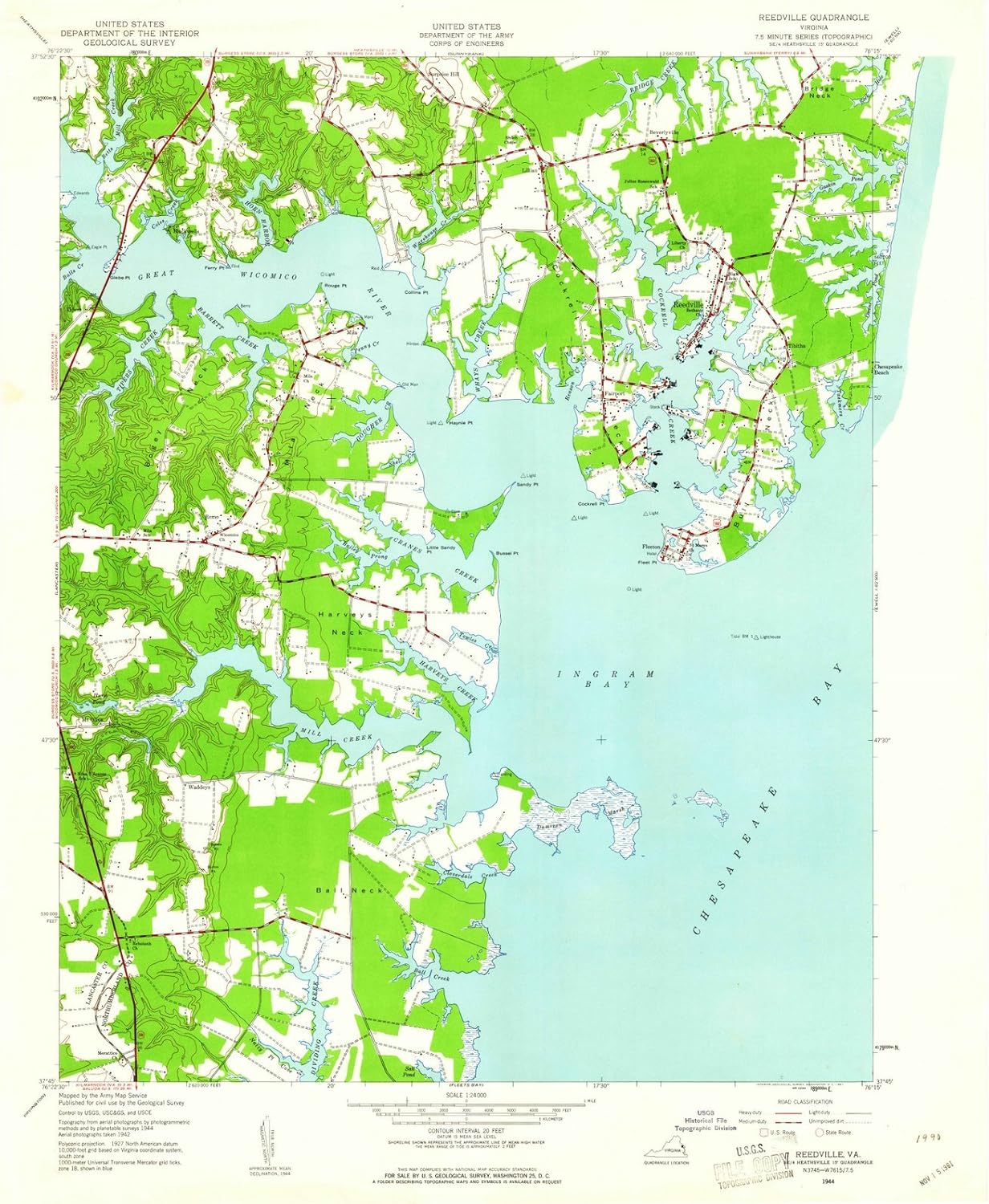Virginia Maps 1944 Reedville, VA USGS Historical