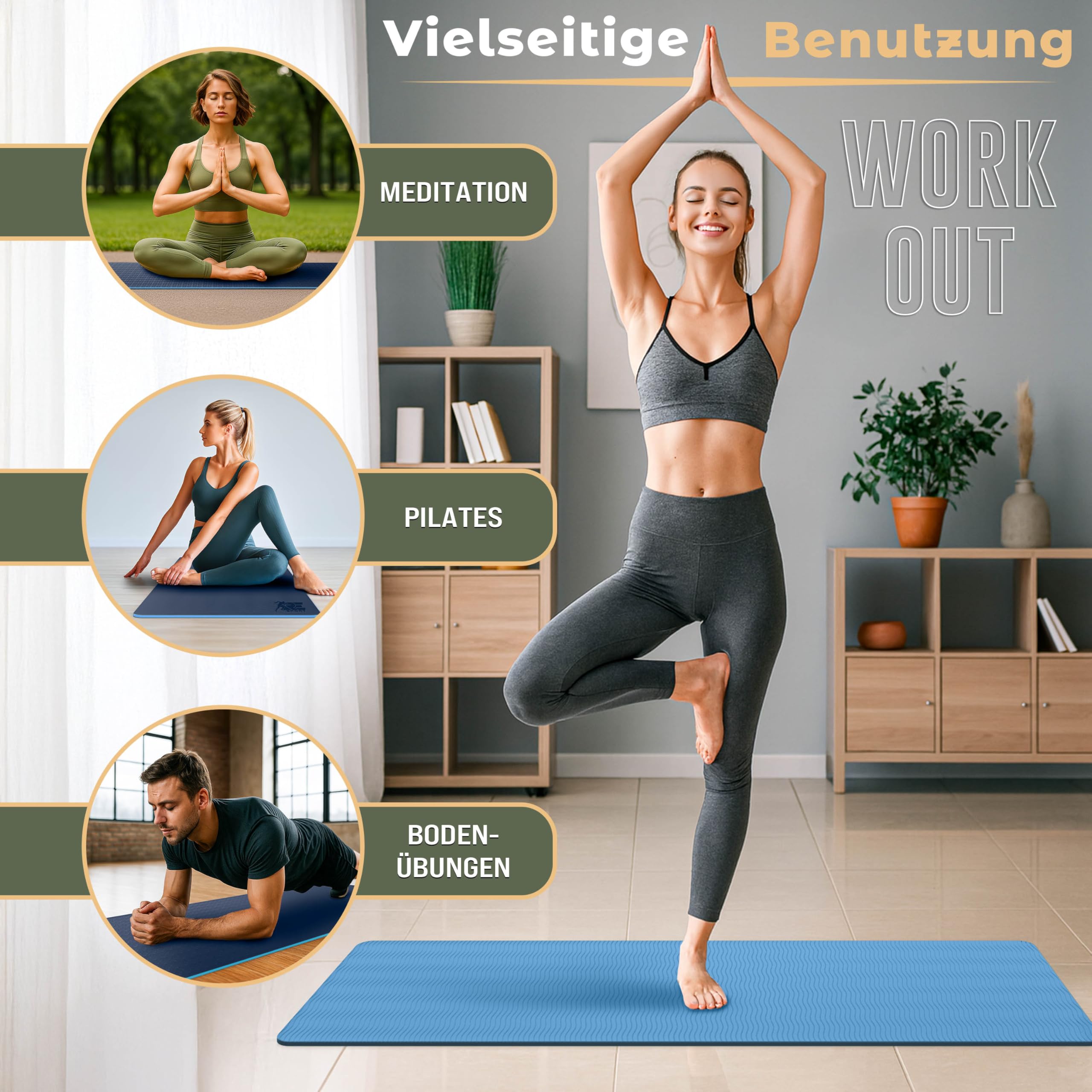 RE:SPORT Yogamatte Phthalatfrei | Gymnastikmatte rutschfest | Fitnessmatte schadstofffrei | Trainingsmatte mit Tragegurt Phthalatfrei 183 x 61 x 0,6 cm