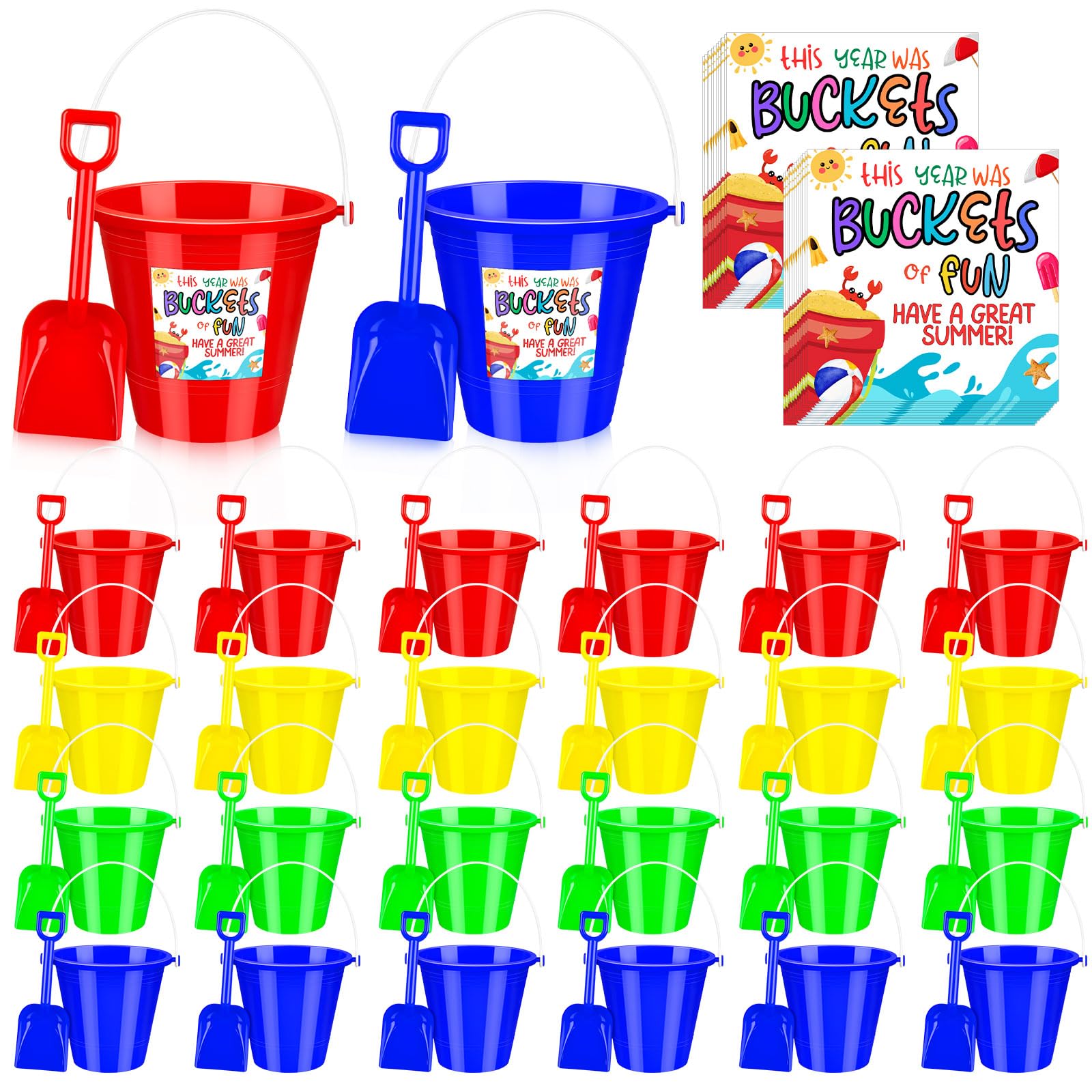 24 Sets End of Year Student Gifts Sand Buckets and Shovels for Kids with Summer Cards Bulk Last Day of School Present from Teacher Classroom Prizes Summer Vacation Party Accessory for Pool Outdoor