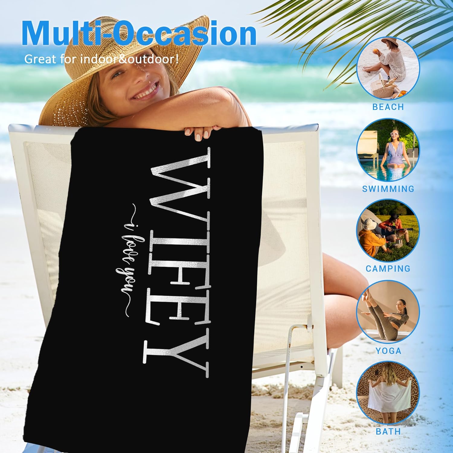 Couple Wifey Hubby Beach Towel Set of 2, Honeymoon Wedding Valentines Beach Towels Gifts for Bride Groom, Hubby and Wifey Gifts Quick Dry Towels Decor for Bathroom 30x60in - Image 5