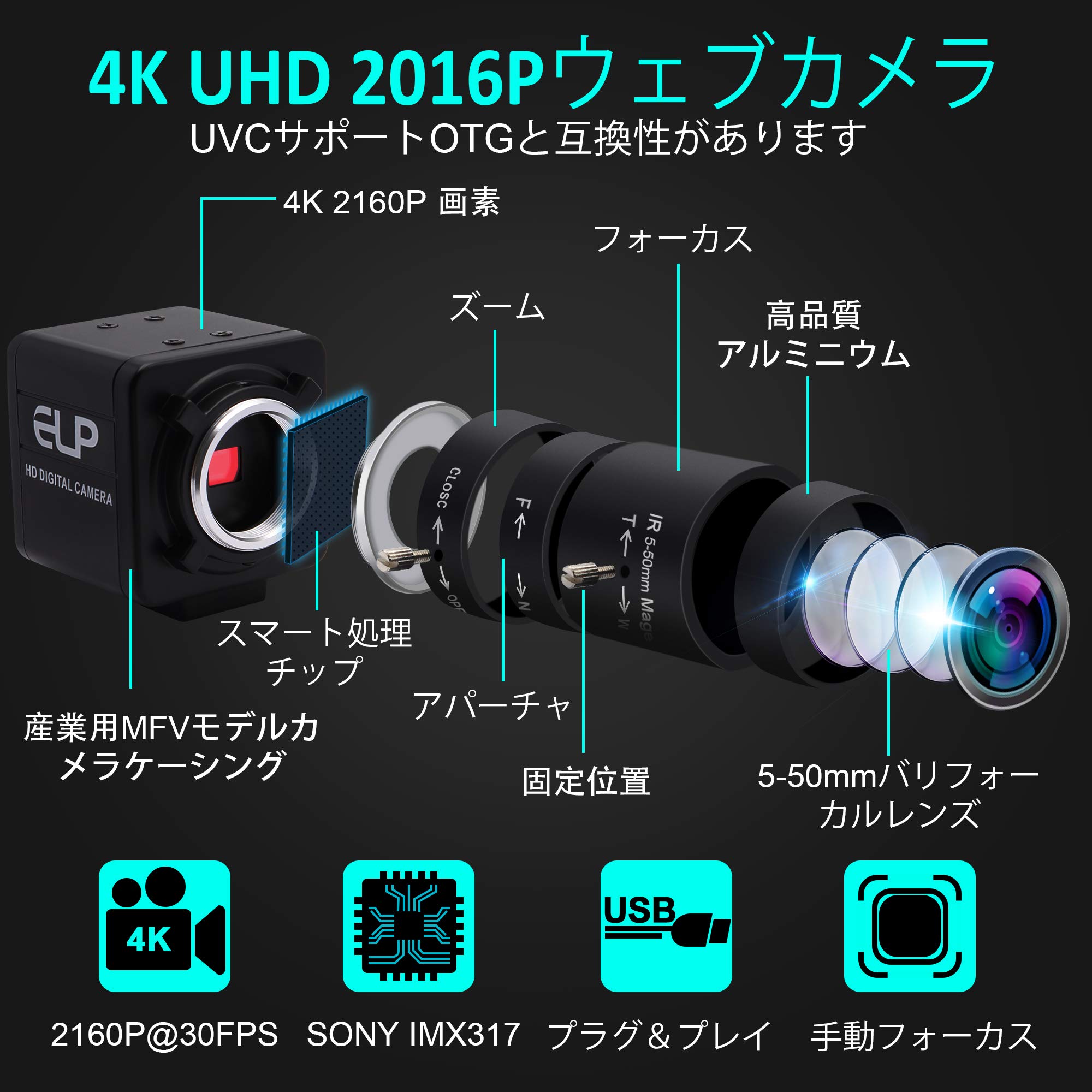 Amazon.co.jp: 4K USBカメラ ELP ウェブカメラ 2160p 30fps 5-50mm 10X