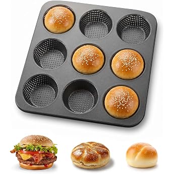 Dexpally Bread Tray for 9 Rolls - Grey Bun Baking Tin, Carbon Steel, Perforated, Non-Stick Coating, Sturdy Design, Even Heat 