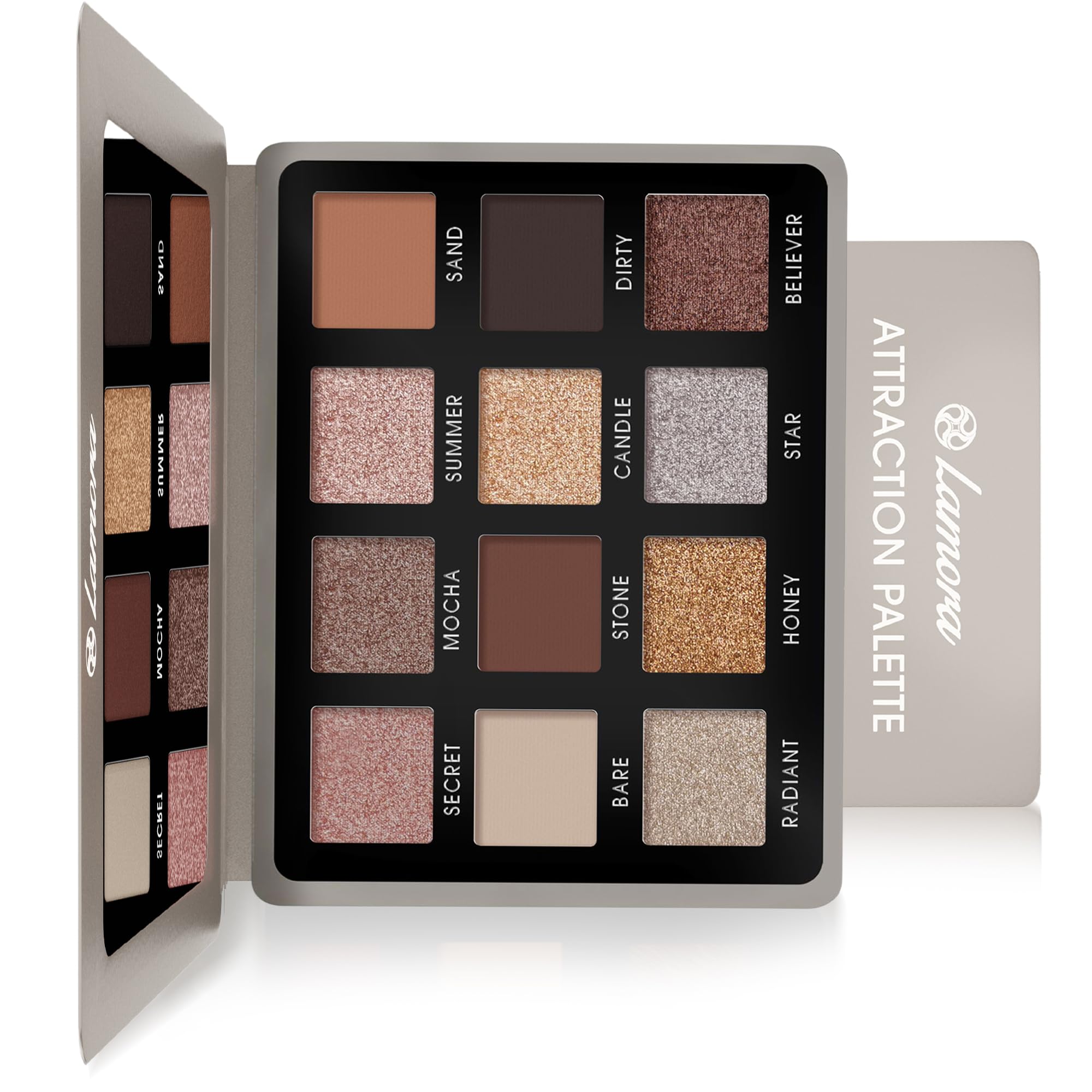 LamoraNude Neutral Eyeshadow Palette - 12 Natural Highly Pigmented Shimmer & Matte Shades - Travel Size Makeup Palette with Mirror
