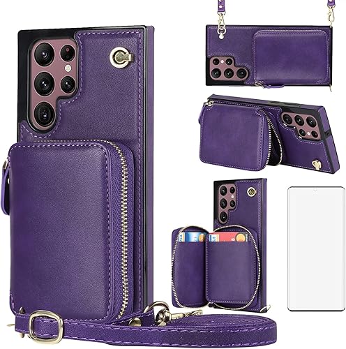 Asuwish Funda de teléfono para Samsung Galaxy S23 Ultra 5G Funda tipo cartera con protector de pantalla de vidrio templado y soporte para tarjetas