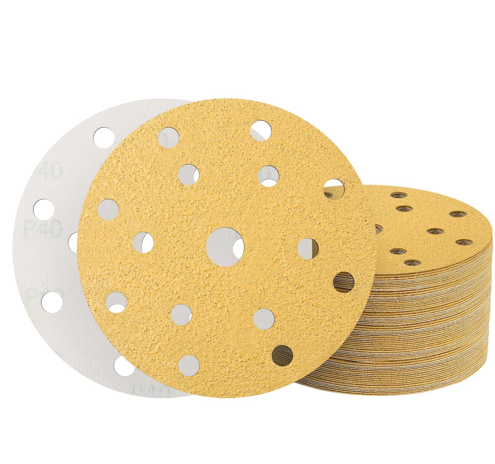 50PCS 150mm Sanding Discs 15 Hole Hook and Loop 40 Grit Golden Sandpaper for Random Orbital Sander