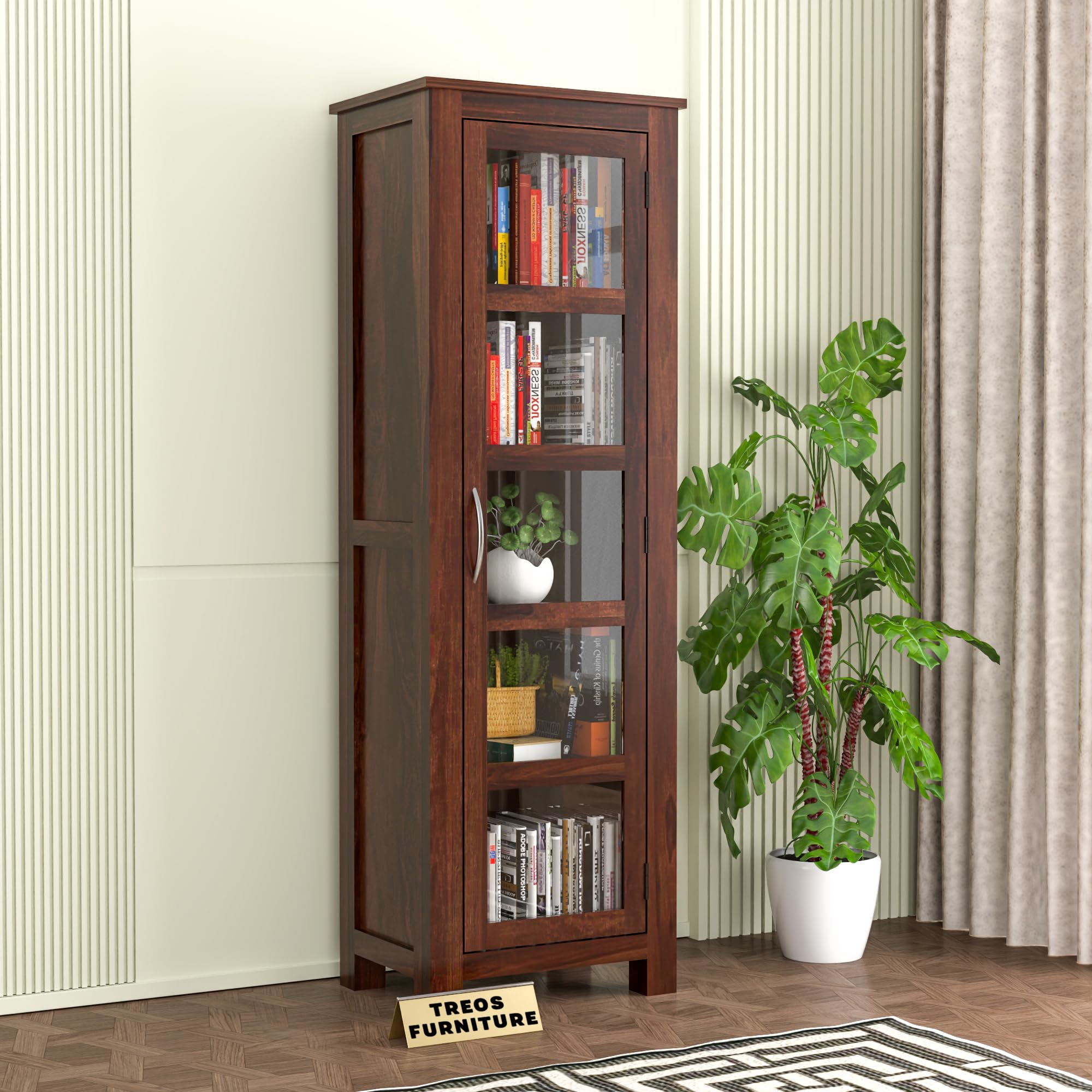 Treos Furniture Solid Sheesham Wood Acrylic Glass Door Kitchen Cabinet | Multipurpose Storage Organizer with 5 Shelves | Tall Display Cabinet for Kitchen & Dining Room (Walnut Finish)-picture-37