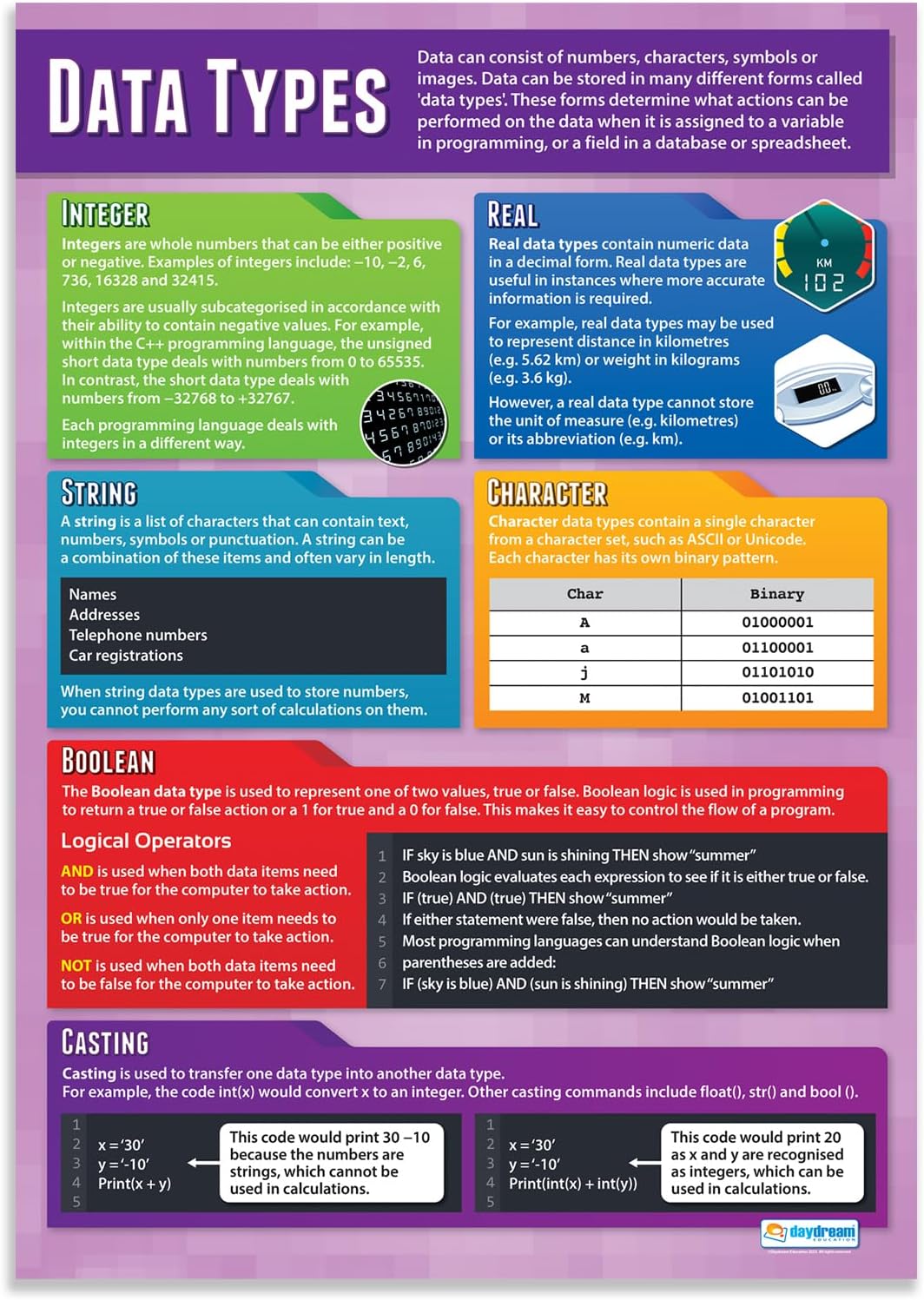 Data Types | Computer Science Posters | Laminated Gloss Paper measuring 850mm x 594mm (A1) | STEM Posters for the Classroom | Education Charts