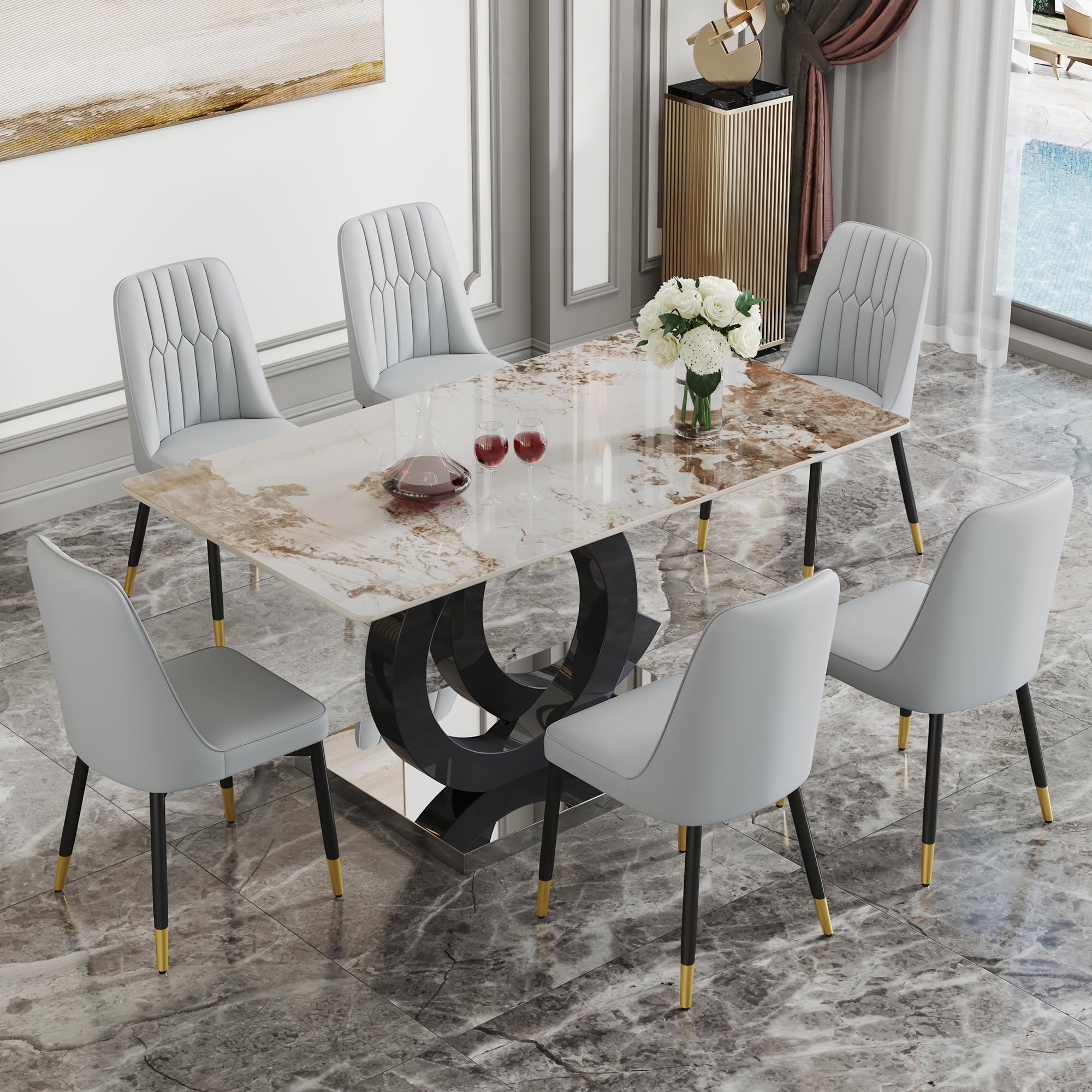 MUUOKY 63'' Dining Table Set for 6, Dining Room Table and Chairs Set of 6,Sintered Stone Tabletop with MDF Table Legs and 6 Modern Chairs, Suitable