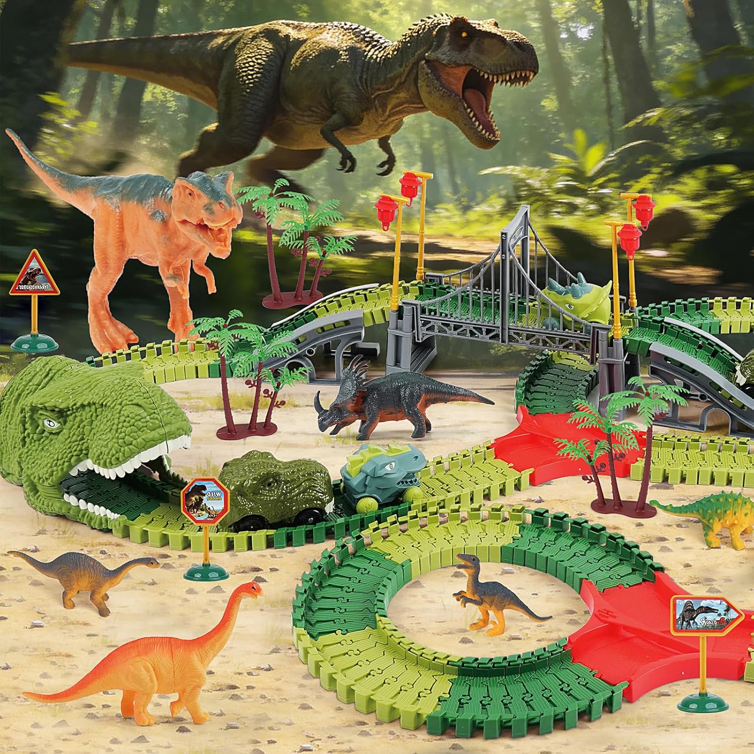 FUNBUD Dinosaur Race Track Toys for Kids - Birthday Gifts for Boys Age 3 4 5 6 7 Year Old, Flexible Race Cars Track Playset with Lights, 280+ PCS Creative