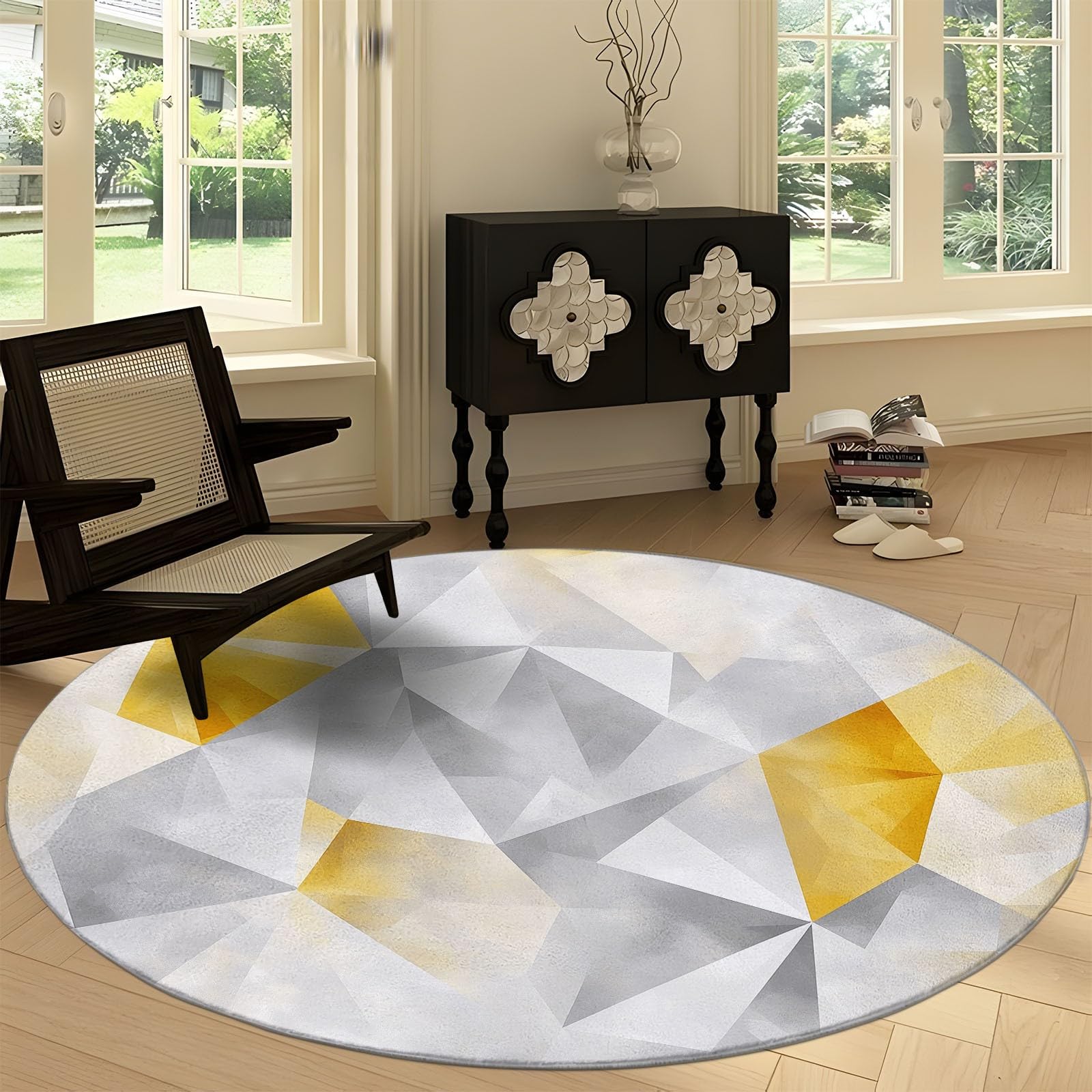 Non-Slip 4' x 4' Round Area Rugs Machine Washable, Modern Solid Geometry Soft Indoor Carpets, Distressed Marble Low Pile Rugs, for Living Room Bedroom