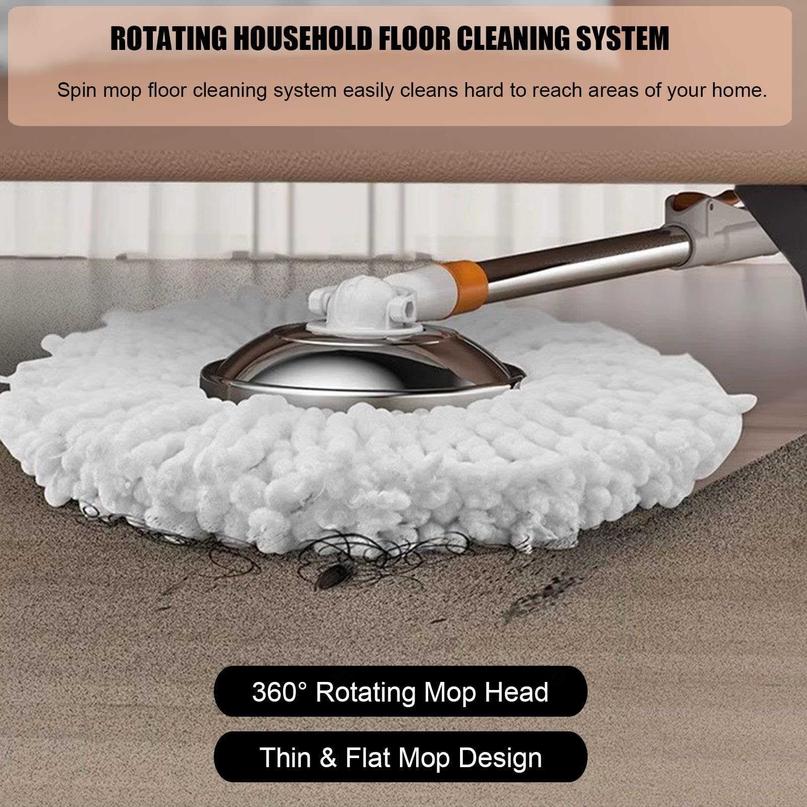 Este Juego de fregona y Cubo Giratorio de 360° con escurridor Incluye 5 recambios de Cabezales de Microfibra, 1 Cepillo para Suelos y un Sistema de fregona y Cubo Giratorio de Acero inoxidab