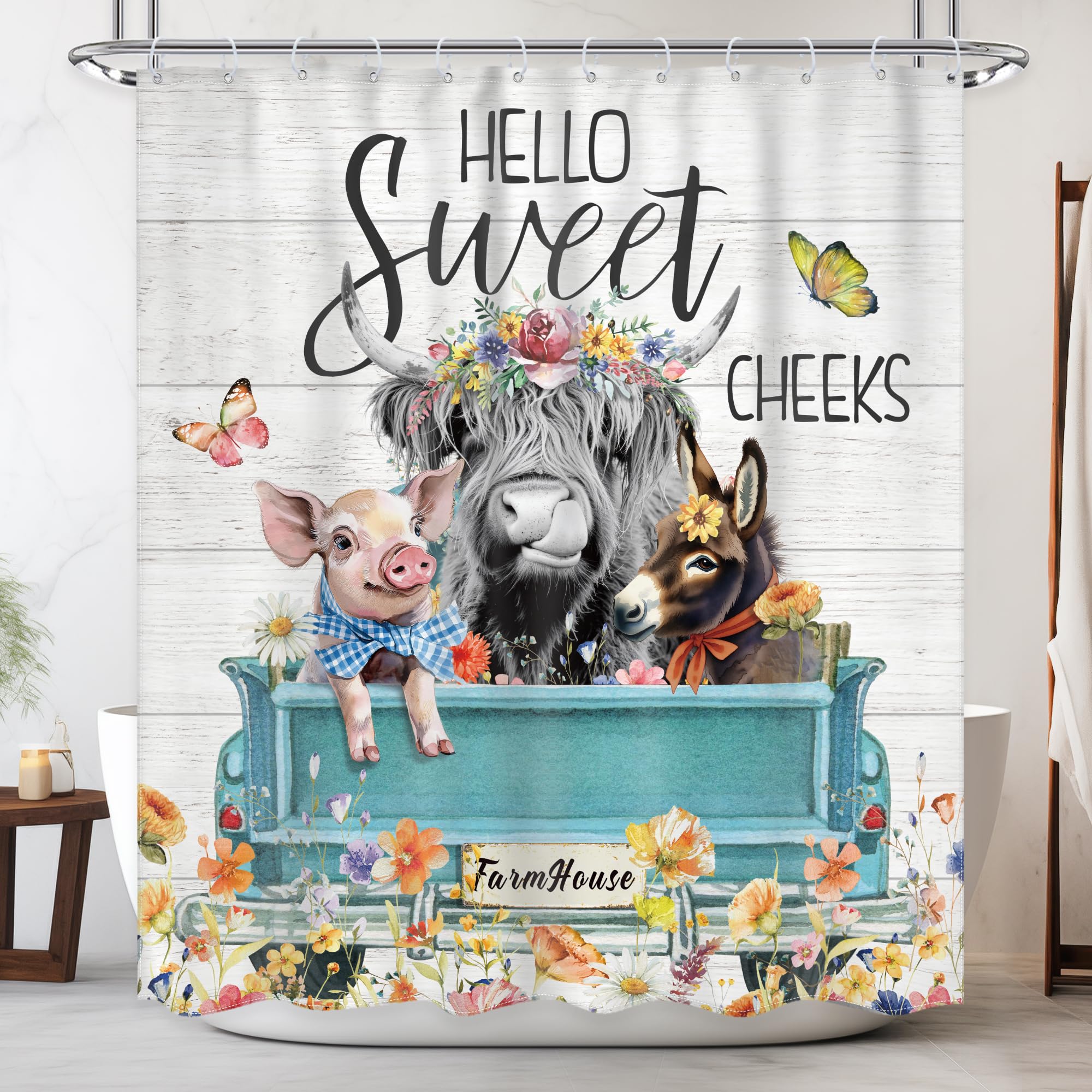 Farmhouse Pink Floral Shower Curtain - Cute Pig Design -9 Farmhouse Pink Floral Shower Curtain - Cute Pig Design -9
