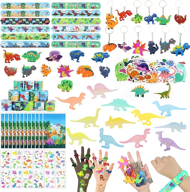 Dreamtop 122 Pcs Dinosaur Party Favours Dinosaur Party Bags Fillers Dinosaurs Keychains Slap Bands Rings Stickers Tattoos Dinosaur Figures Toy Party Bag Dinosaur Themed Birthday Supplies for Kids Gift
