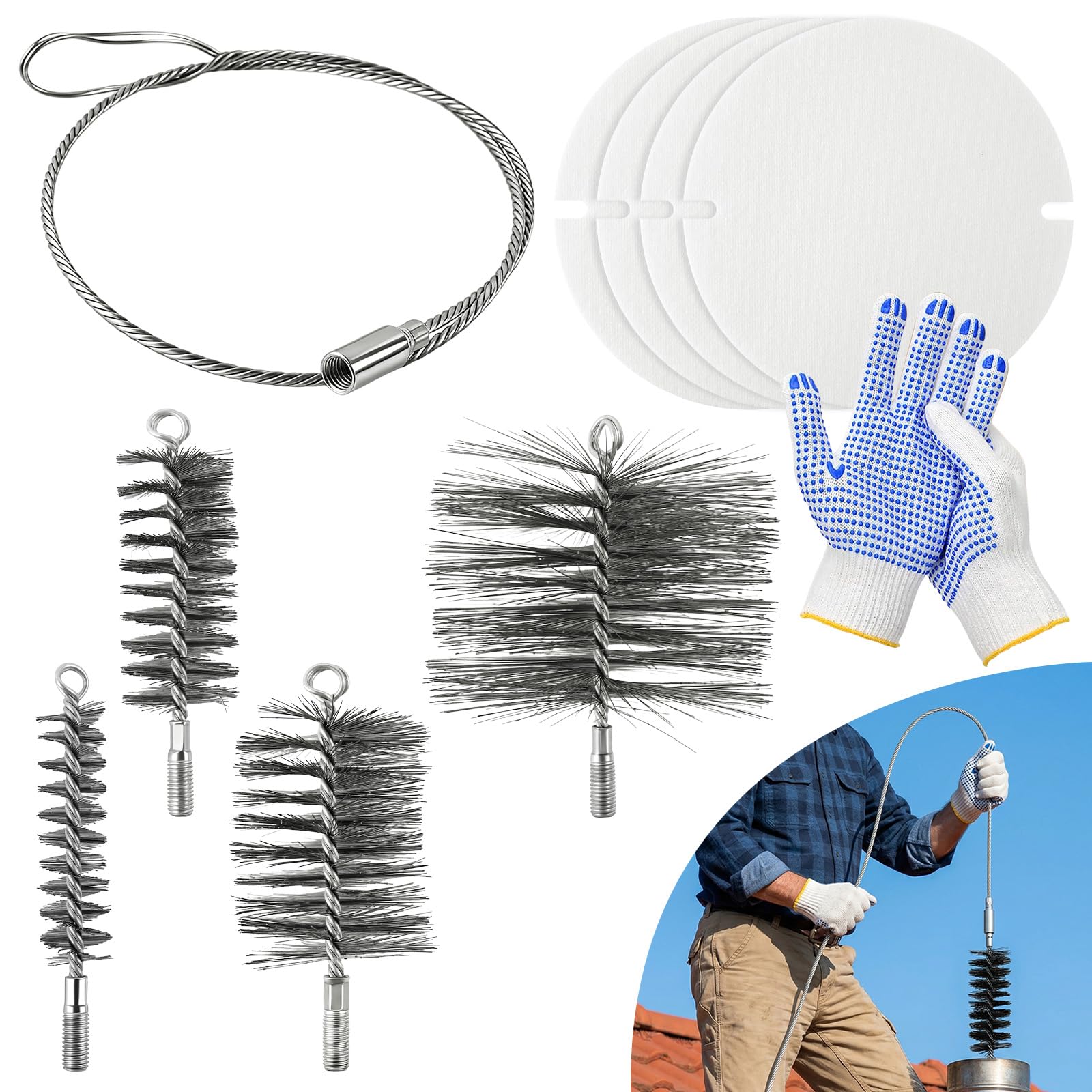 Juego de 7 deshollinador de chimeneas, cepillos de acero inoxidable para limpieza de conductos, para conductos de humos, incluye cepillos para chimeneas en los tamaños 30 mm, 50 mm, 80 mm y 150 mm