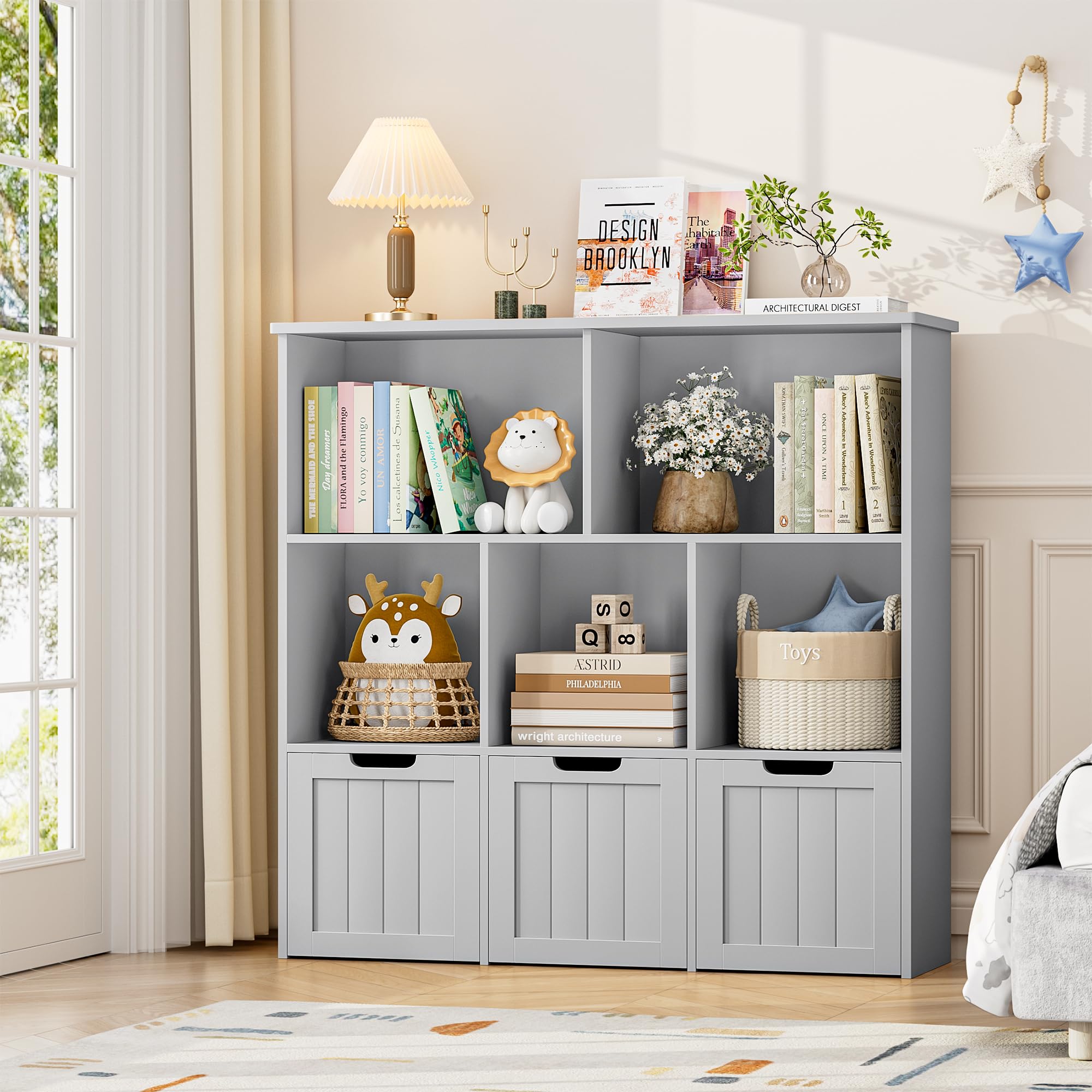 FOTOSOK Toy Storage Organizer with 3 Movable Drawers, Floor Storage Cabinet Toy Organizer with Hidden Wheels and 5 Storage Cubbies, Multifunctional Toys Chest for Playroom, Grey