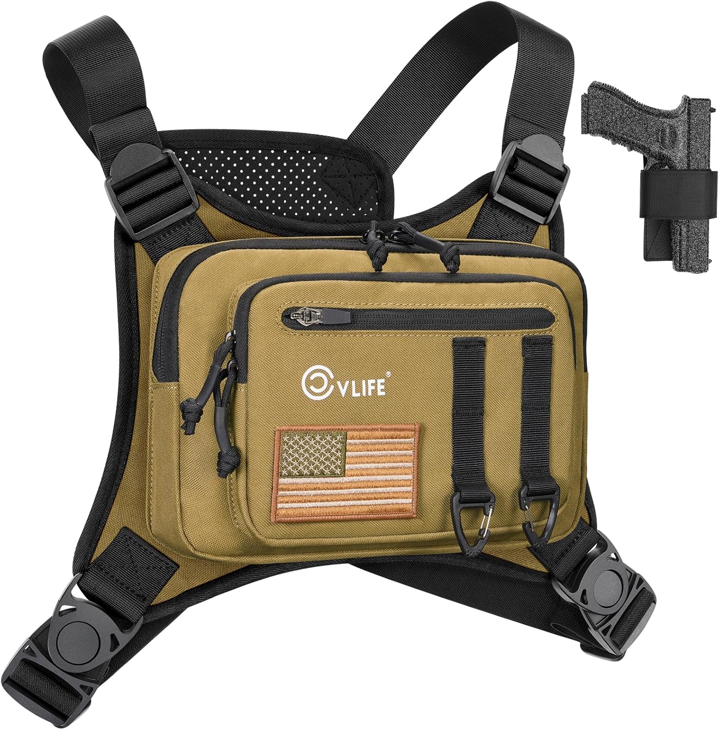 CVLIFE Chest Bag Chest Vest with Pistol Holster Running Chest Pack Adjustable Chest Rig Vest Bag for Outdoor Khaki