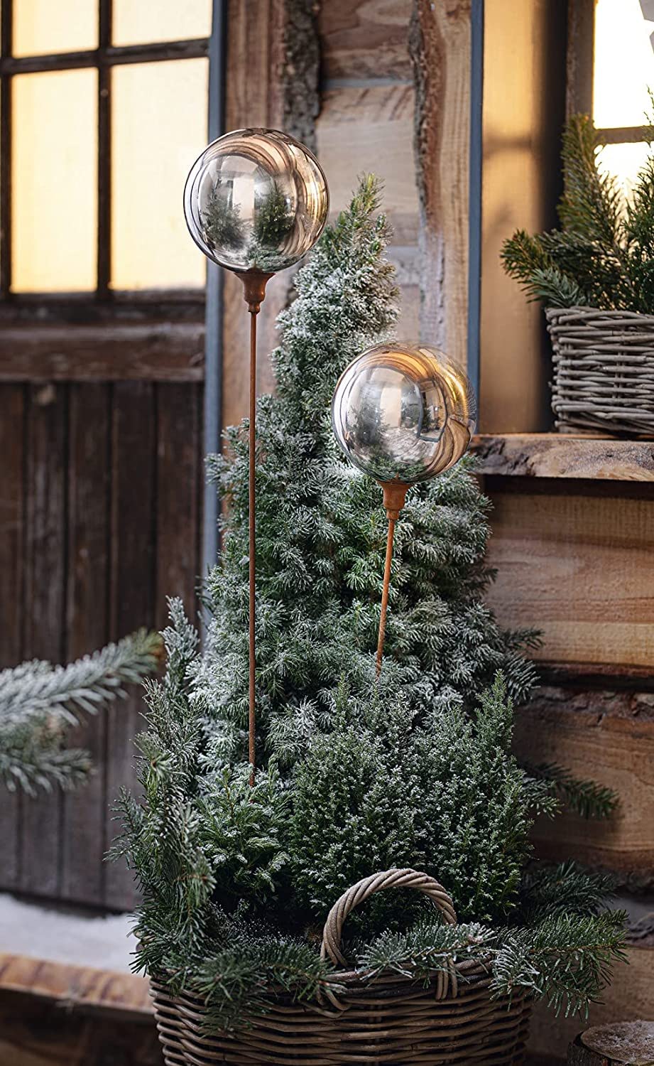 Dekoleidenschaft Boule de jardin en métal aspect rouille, 118 cm de haut, fiche décorative avec boule miroir, décoration de jardin pour l'extérieur, piquet en métal