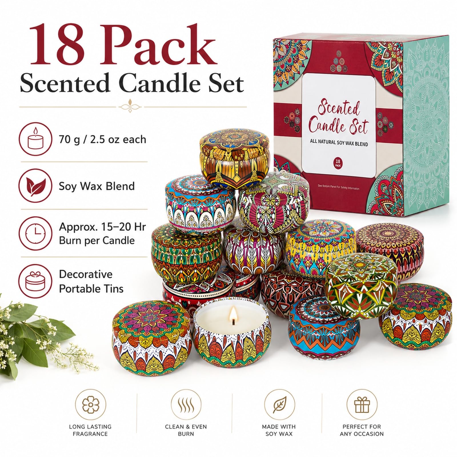 Set regalo di candele profumate, confezione da 18 candele in cera di soia, 70 g, barattoli decorativi in metallo con fragranze assortite, contenitori riutilizzabili in ferro per casa, bagno, spa, yoga