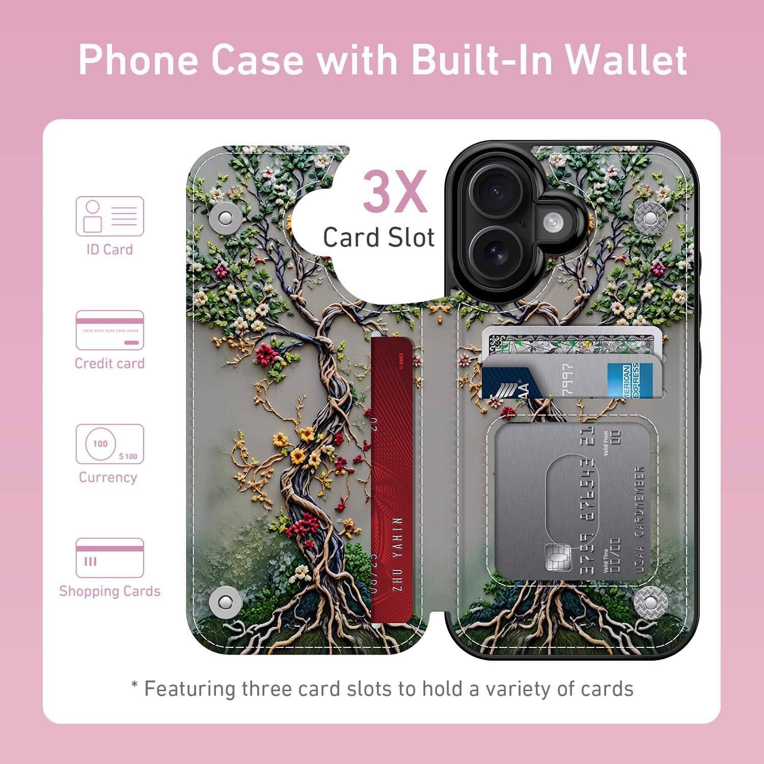 funmiko for iphone 17 wallet case with card holder + cash clip, rfid-blocking, military-grade drop protection & uv-printed artwork, magnetic closure with leather kickstand - blooming tree of life blooming tree of life iphone 17