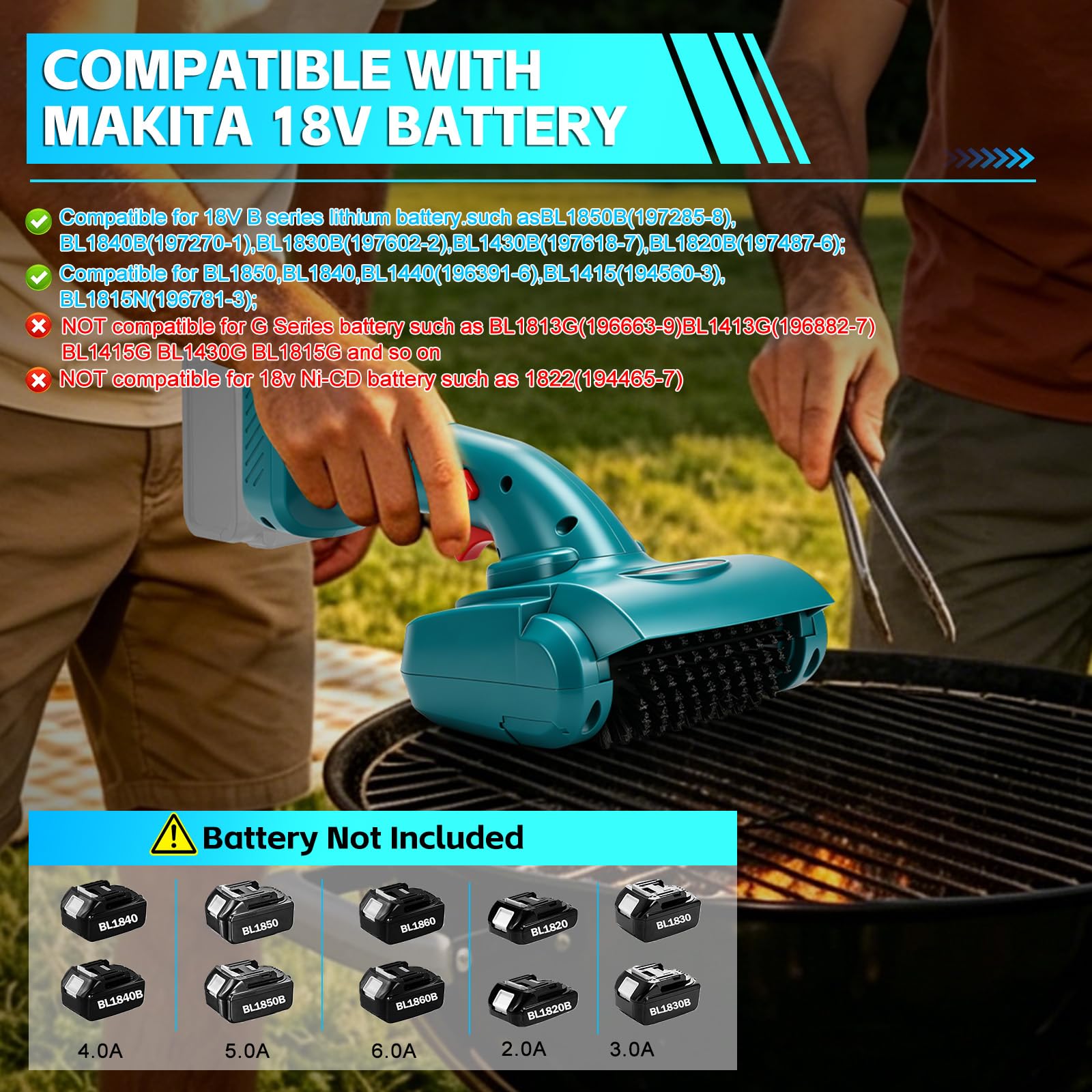 Brosse électrique sans Fil Barbecue pour Makita 18 V (sans Batterie) | Roadtime brosse de nettoyage avec 2 têtes de Brosse rotative à 360° pour barbecue, salle de bain, cuisine