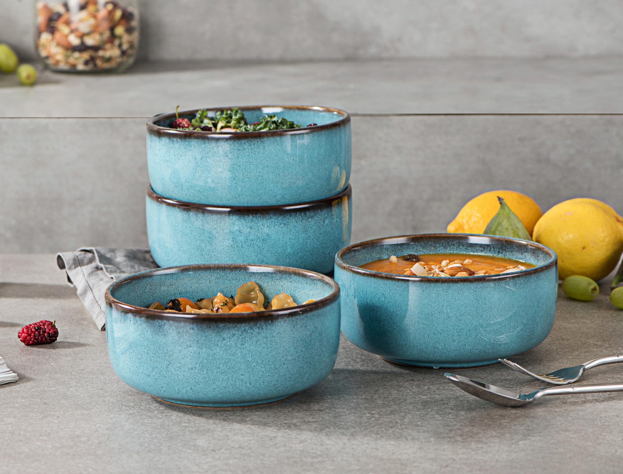 Ciotole per Cereali, Insalatiera Ceramica di 4 x 975 ml, Set di Ciotole Ceramica Blu per 4 Persone, Set Stoviglie Grande Ciotola per Colazione, Cereali, Zuppa, Insalata