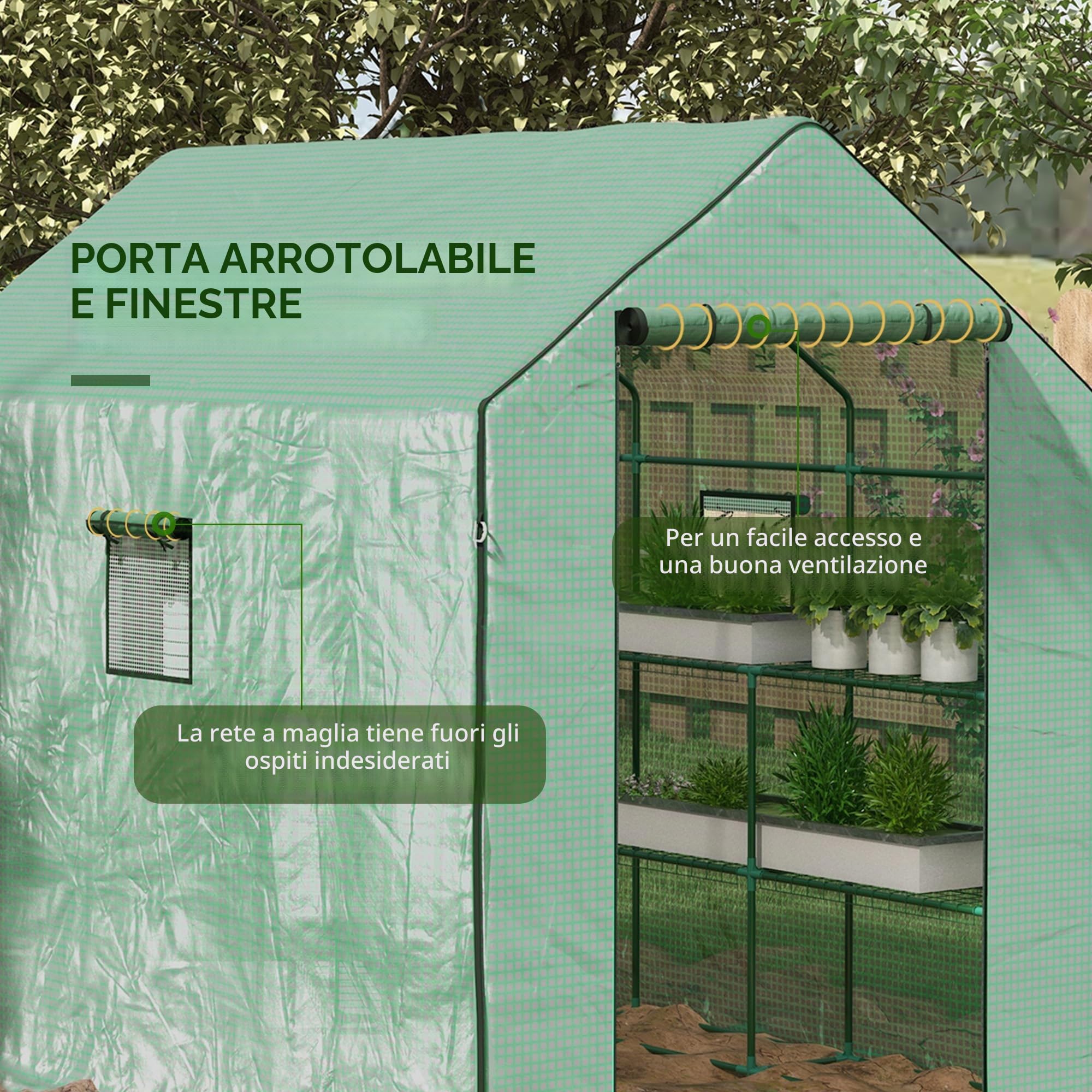 Outsunny Serra da giardino in PE con ripiani a 3 livelli, serra da balcone, telone rinforzato 135 g/m², telaio in acciaio, porta arrotolabile, per verdure, piante, fiori