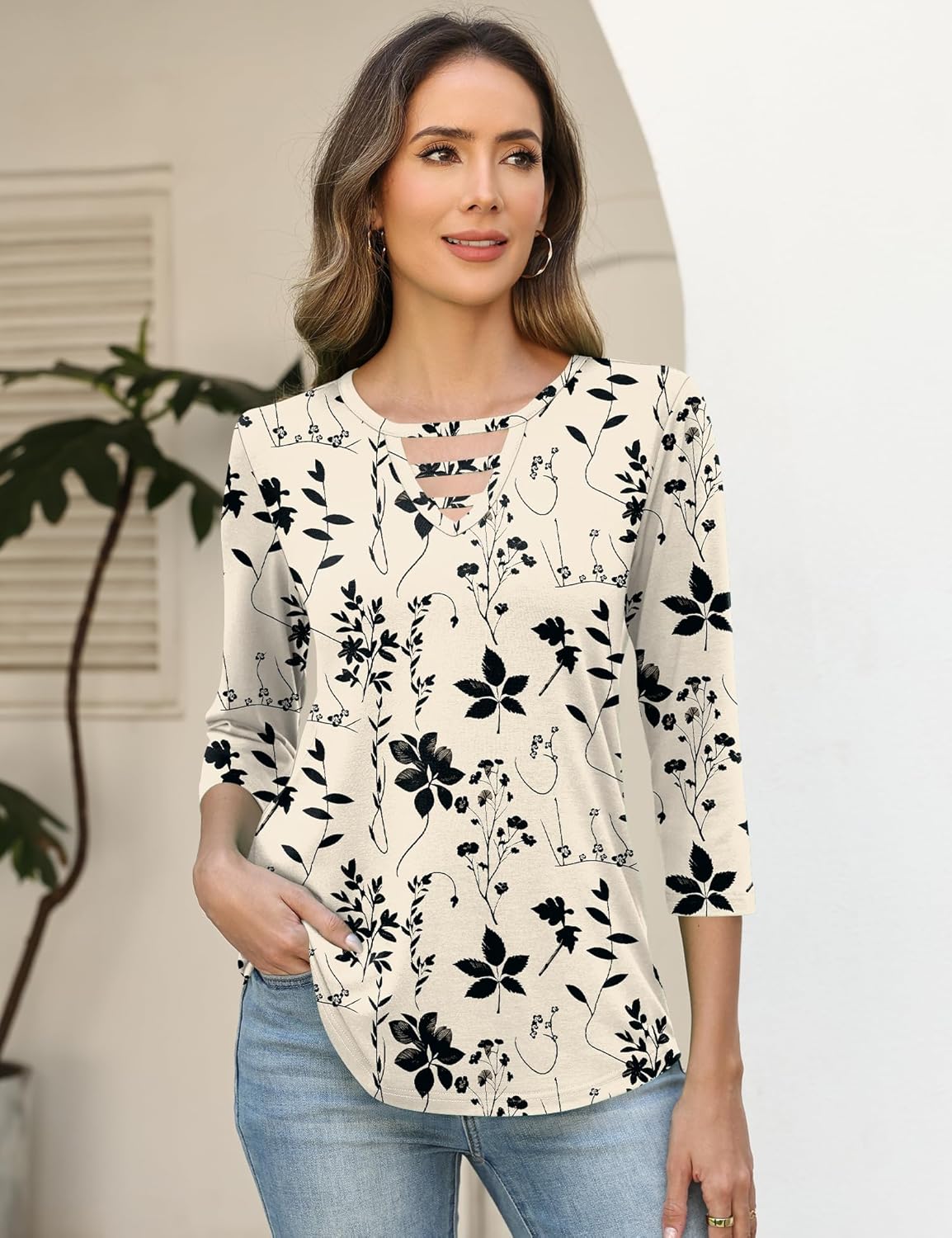 LOMON Women's 3/4 Length Sleeve Tops Crew Neck Hollow Out T Shirts Fashion Casual Tops for Women 2026 - Image 2