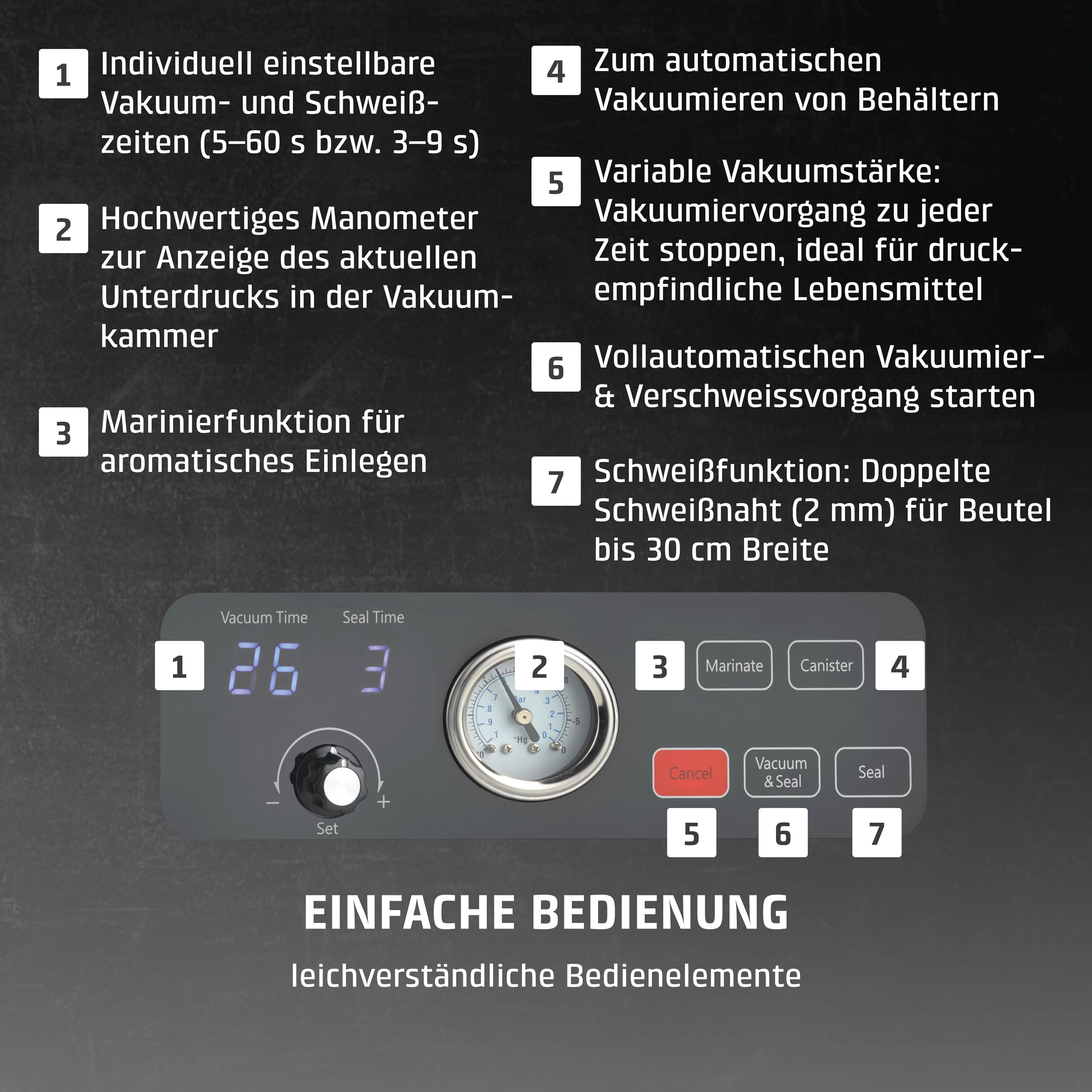 CASO VacuChef 700 - Kammervakuumierer, 8L Edelstahl, starke Profi-Vakuumpumpe 70 Liter/Minute, Temperglas-Deckel, für harte/weiche/trockene/flüssige Lebensmittel